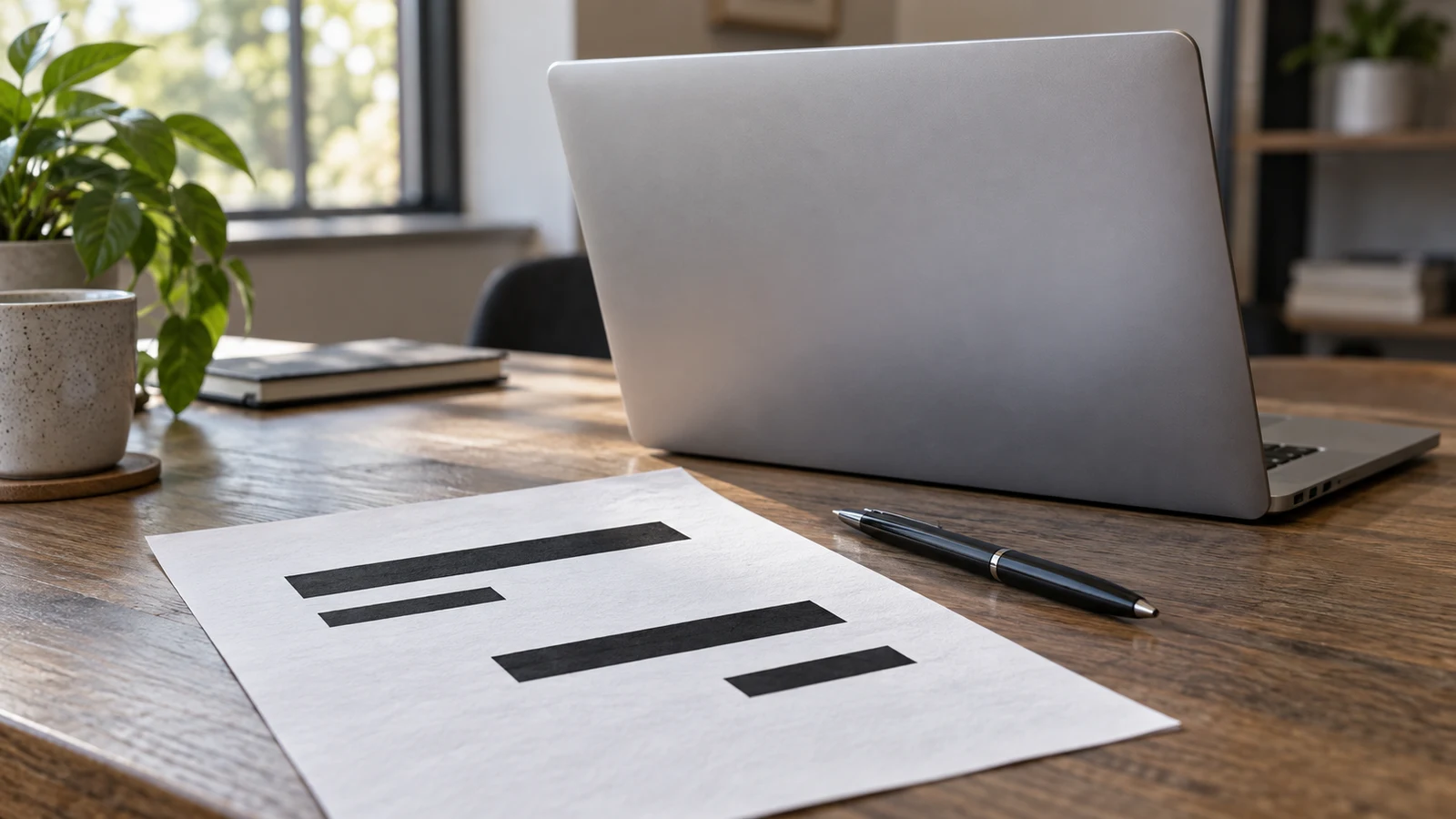 Dell Inspiron PDF redaction checks: An unbranded laptop, pen, and paper with black bars sit on a wooden desk.
