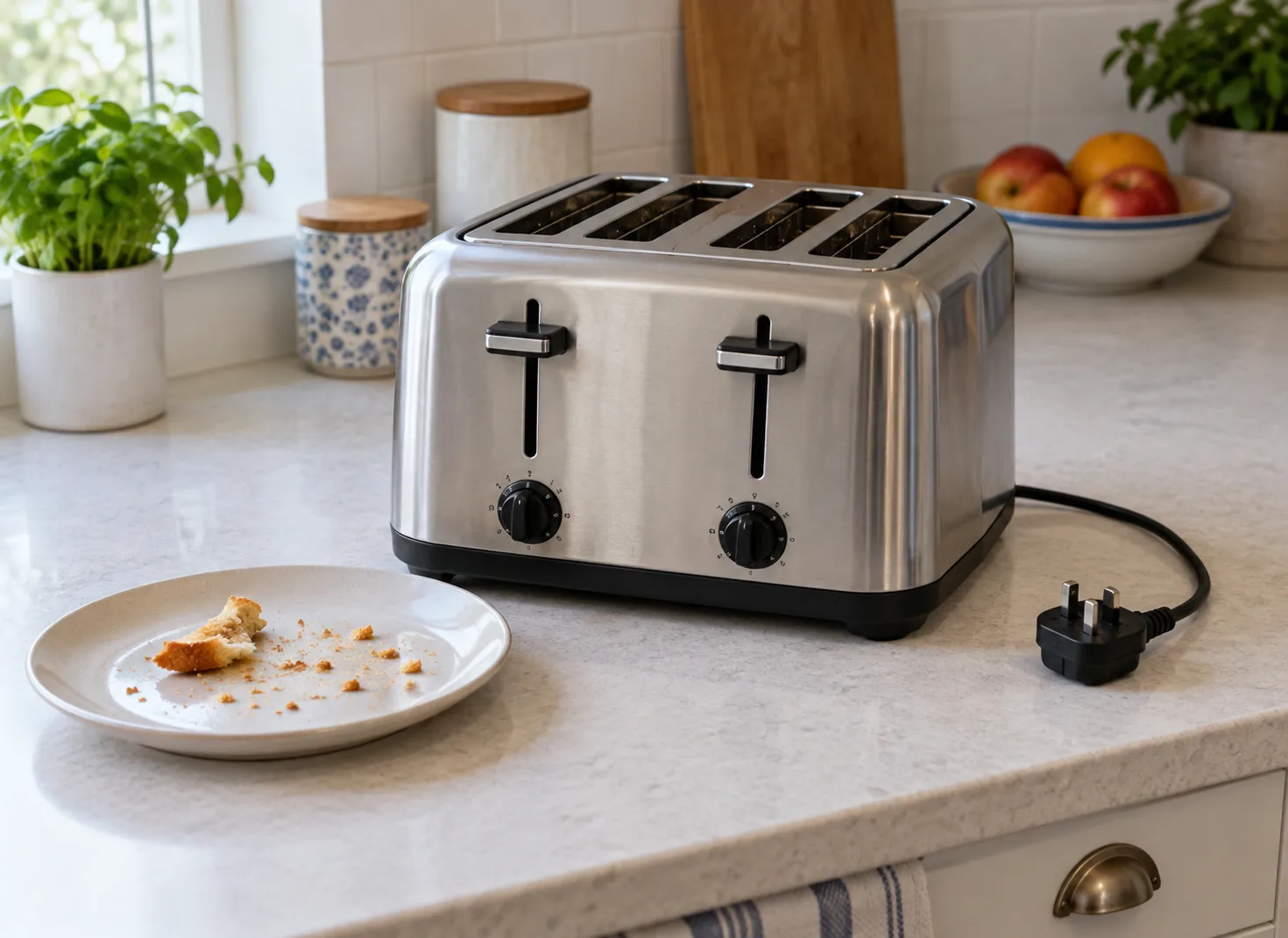Conceptual cover of bread stuck in a toaster, with an unplugged appliance and loose crumbs.