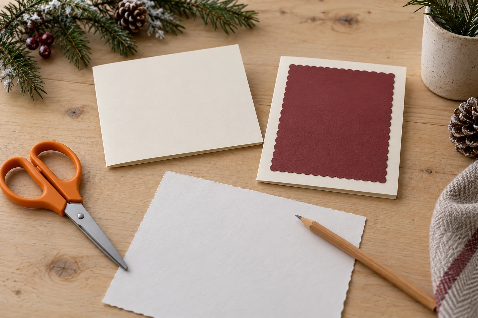 A holiday card edge plan places an idle generic scissors pair beside separate plain and decorative card mockups while the intended boundary treatment is chosen.