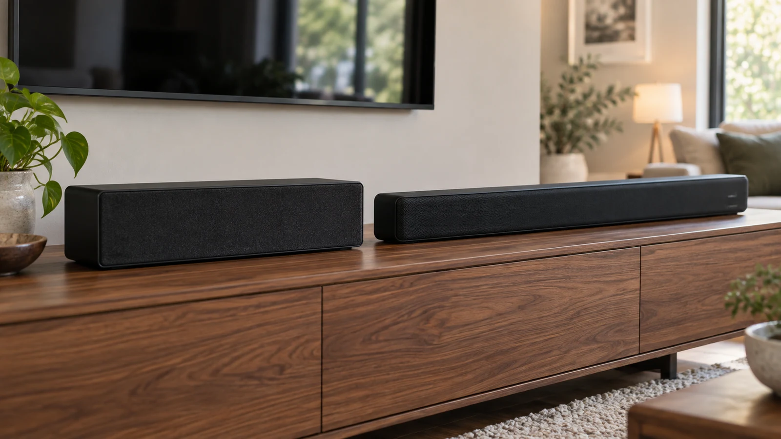 Polk MXT35 slim center speaker: A black center speaker and a longer soundbar sit on a wooden cabinet.