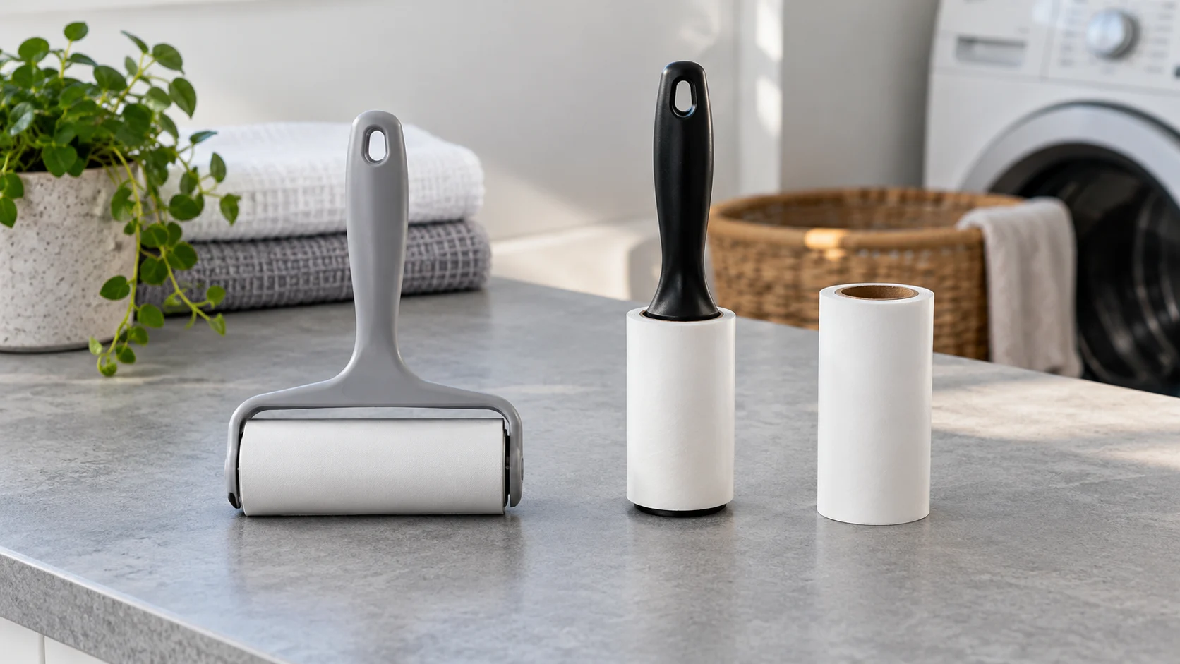 Reusable lint roller cost illustrated conceptually with two whole generic inactive handled cleaning rollers and a whole plain refill roll on a laundry counter.