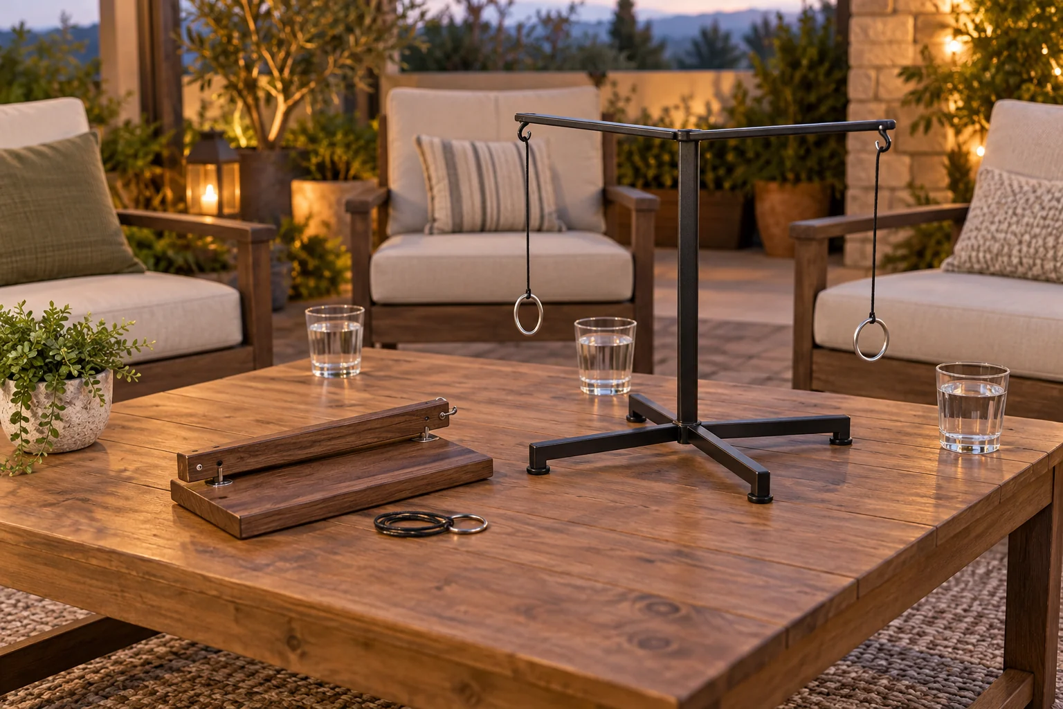 Ring swing game night concept with whole generic inactive wooden and metal ring-and-hook games on a covered patio table beside empty chairs.