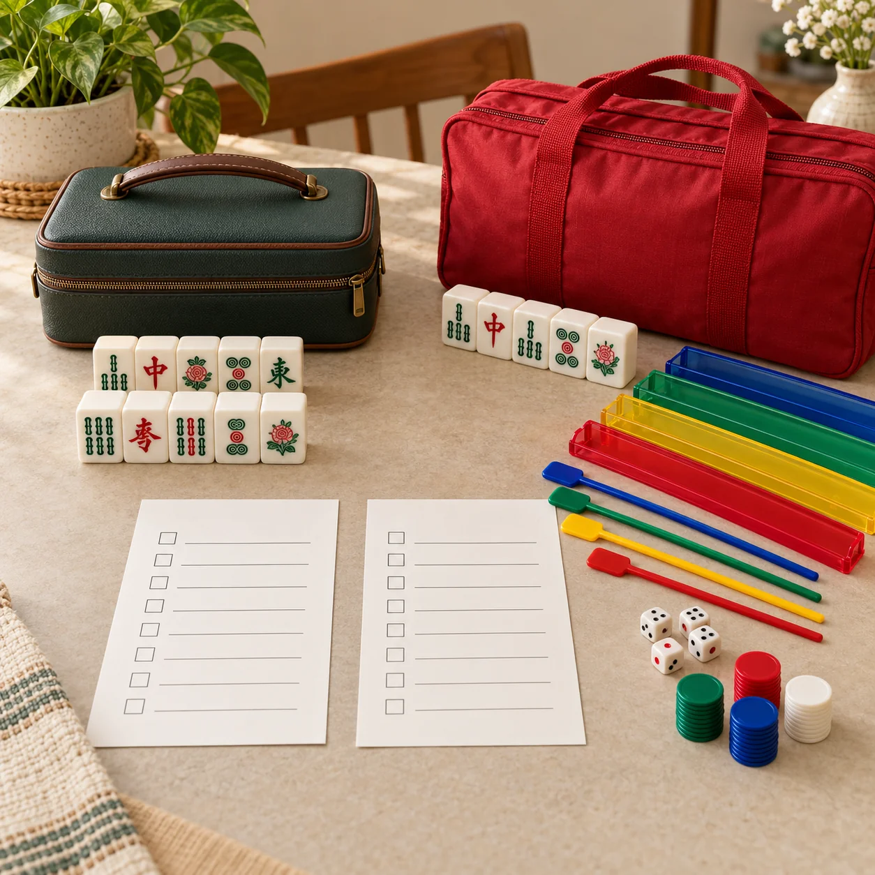 Mahjong set missing accessories concept with a handled tile case and a separate red bag beside two blank inventory checklists, tiles and small accessories; no implied defect.