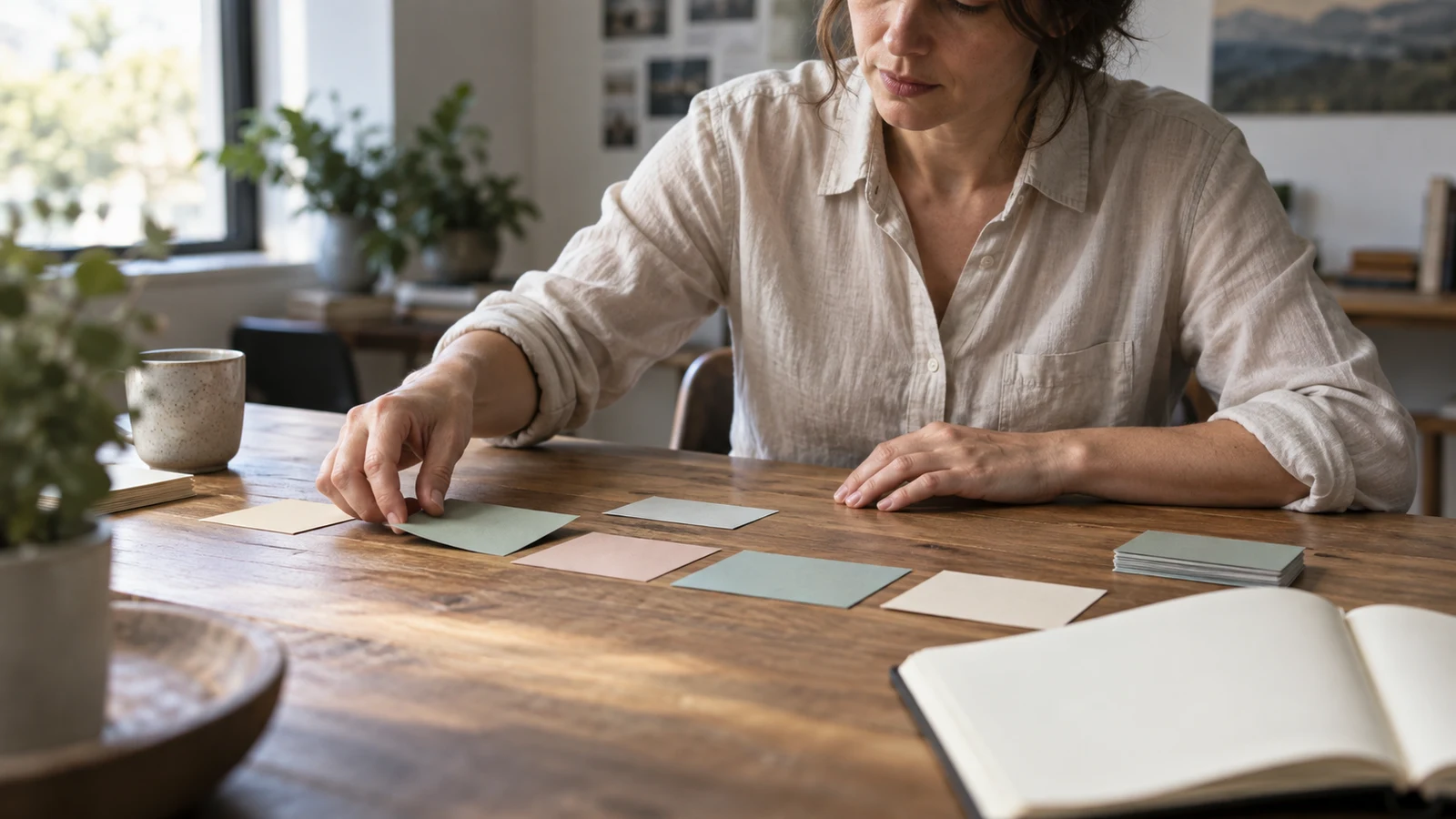 task dependencies: A person arranges blank colored cards on a wooden table beside an open notebook.