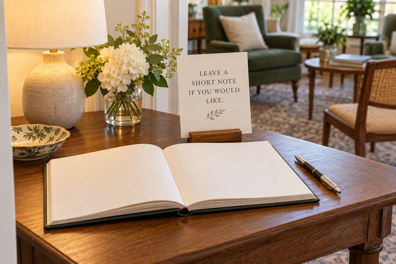 How to start a guest book shows a plain open book beside an optional short-note invitation for a small gathering.
