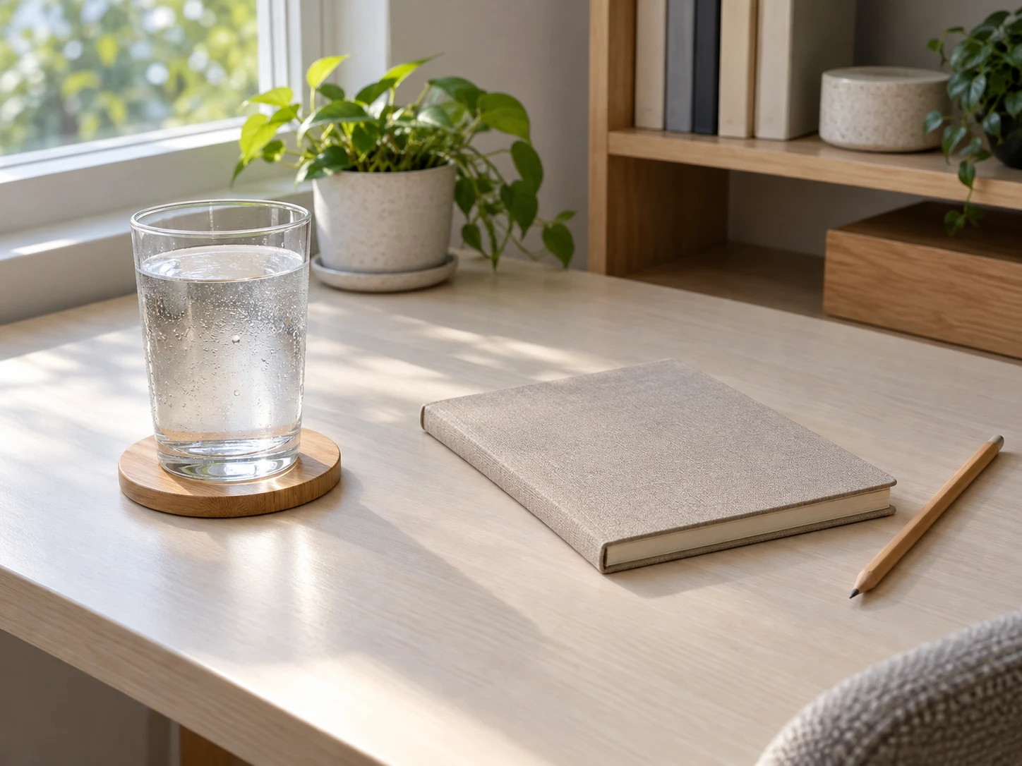 Drink condensation on a desk concept with a whole cold-water glass on a generic bamboo coaster, separated from a complete closed notebook and pencil.