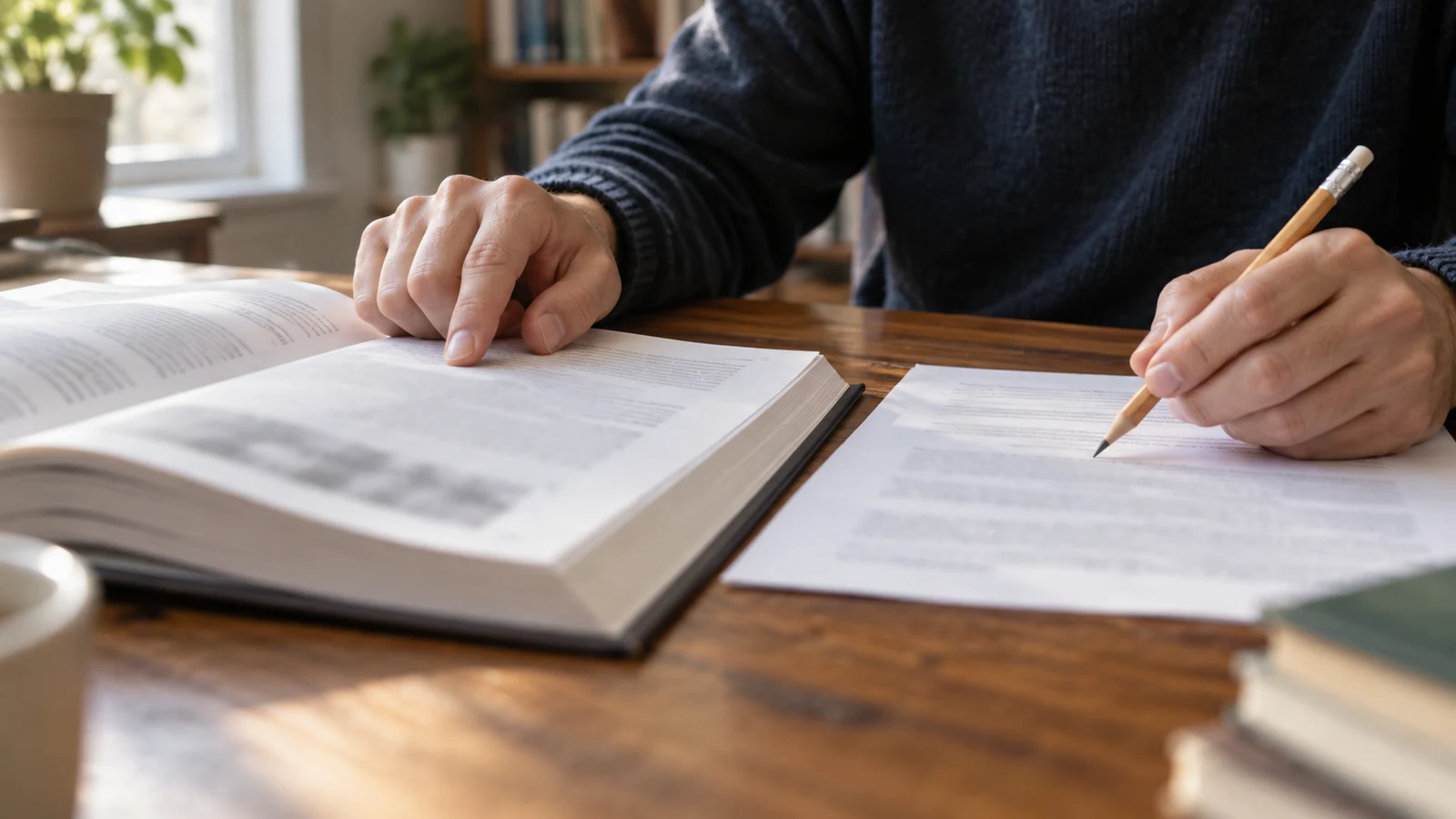 report quotation checks: A person points at an open book while holding a pencil over a loose page on a wooden desk.