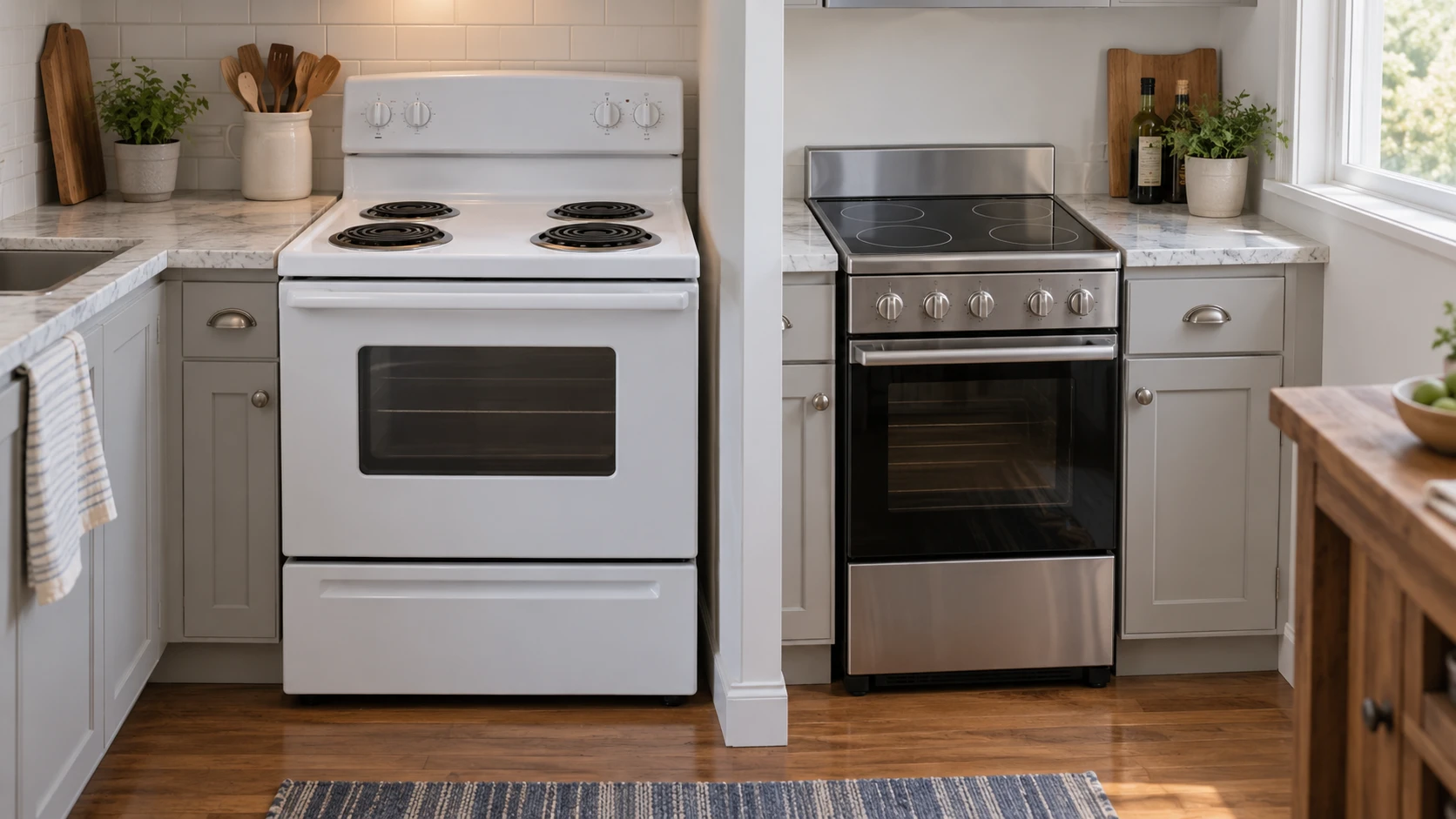 For Summit WEM630KW electric coil range, weigh cabinet fit, burner sizes, backguards, oven access, electrical installation, and cleaning.