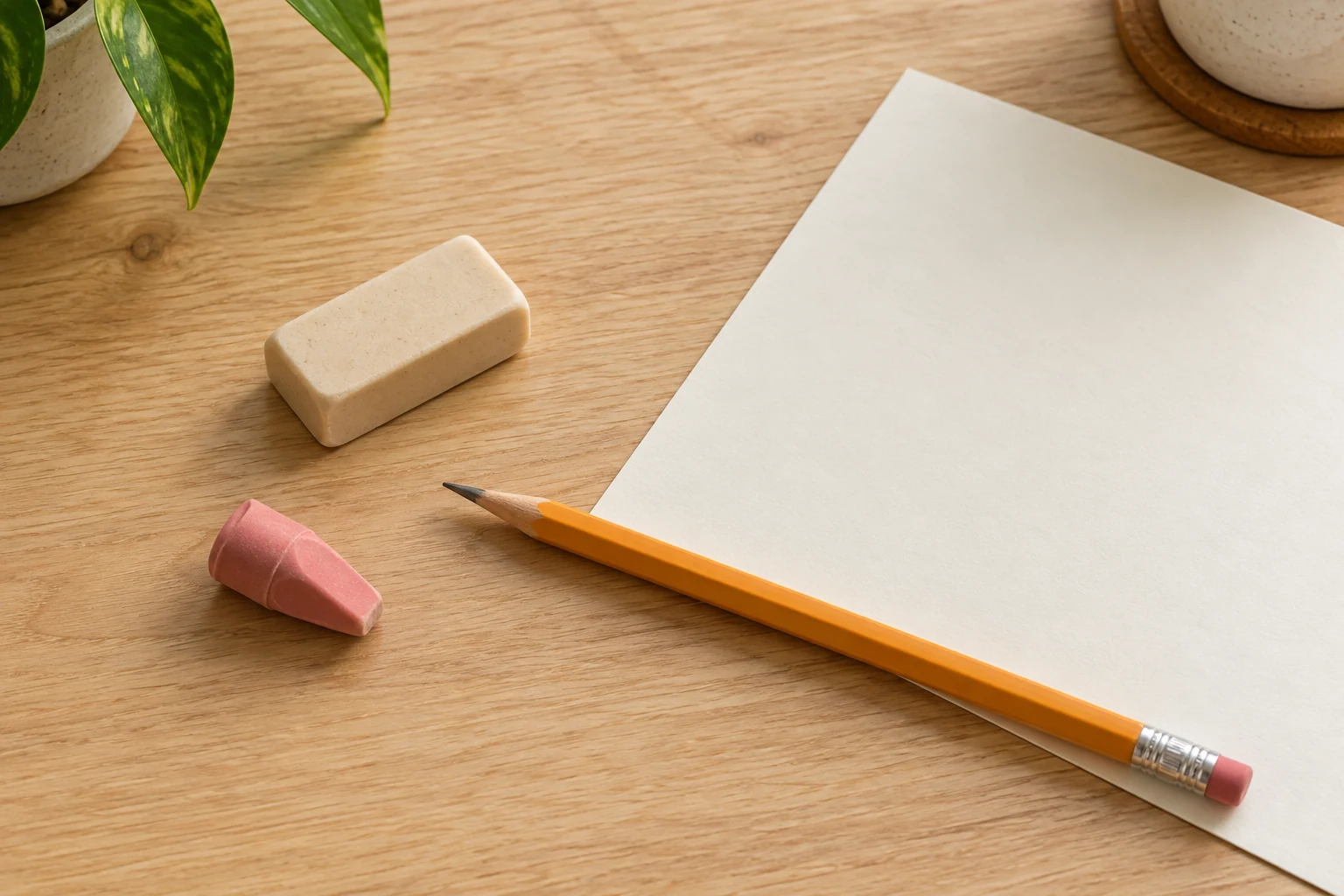 Eraser smears pencil marks concept with two whole generic erasers beside a pencil and plain paper on a desk.