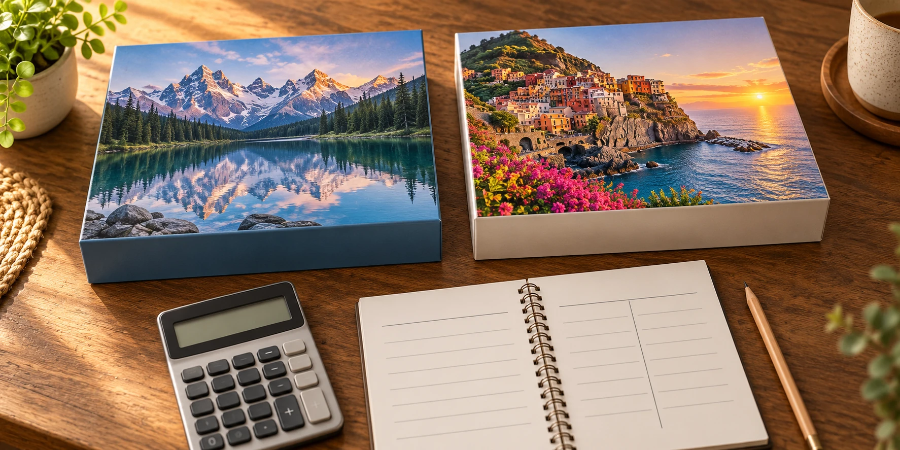 Jigsaw puzzle cost per piece concept with two whole unbranded puzzle boxes showing different generic pictures beside a calculator and blank comparison notebook, without prices or a completed-puzzle claim