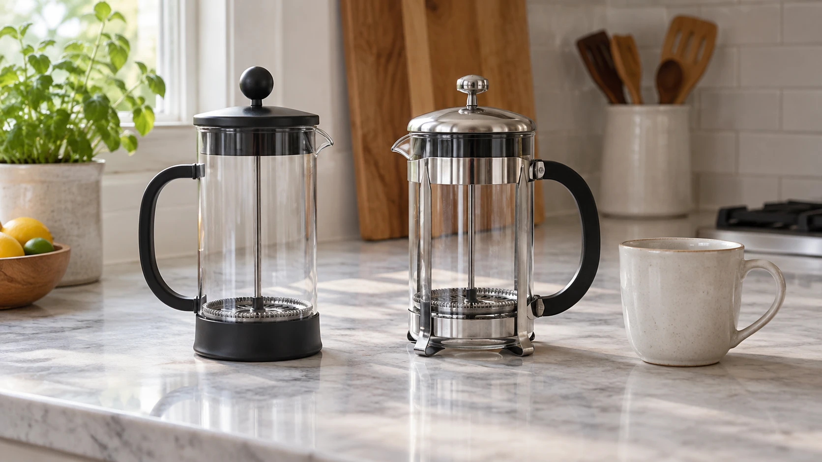French press grounds lifters and care illustrated by two complete generic empty glass coffee presses beside an empty cup; not exact retail models, supplied parts or an approved cleaning arrangement.