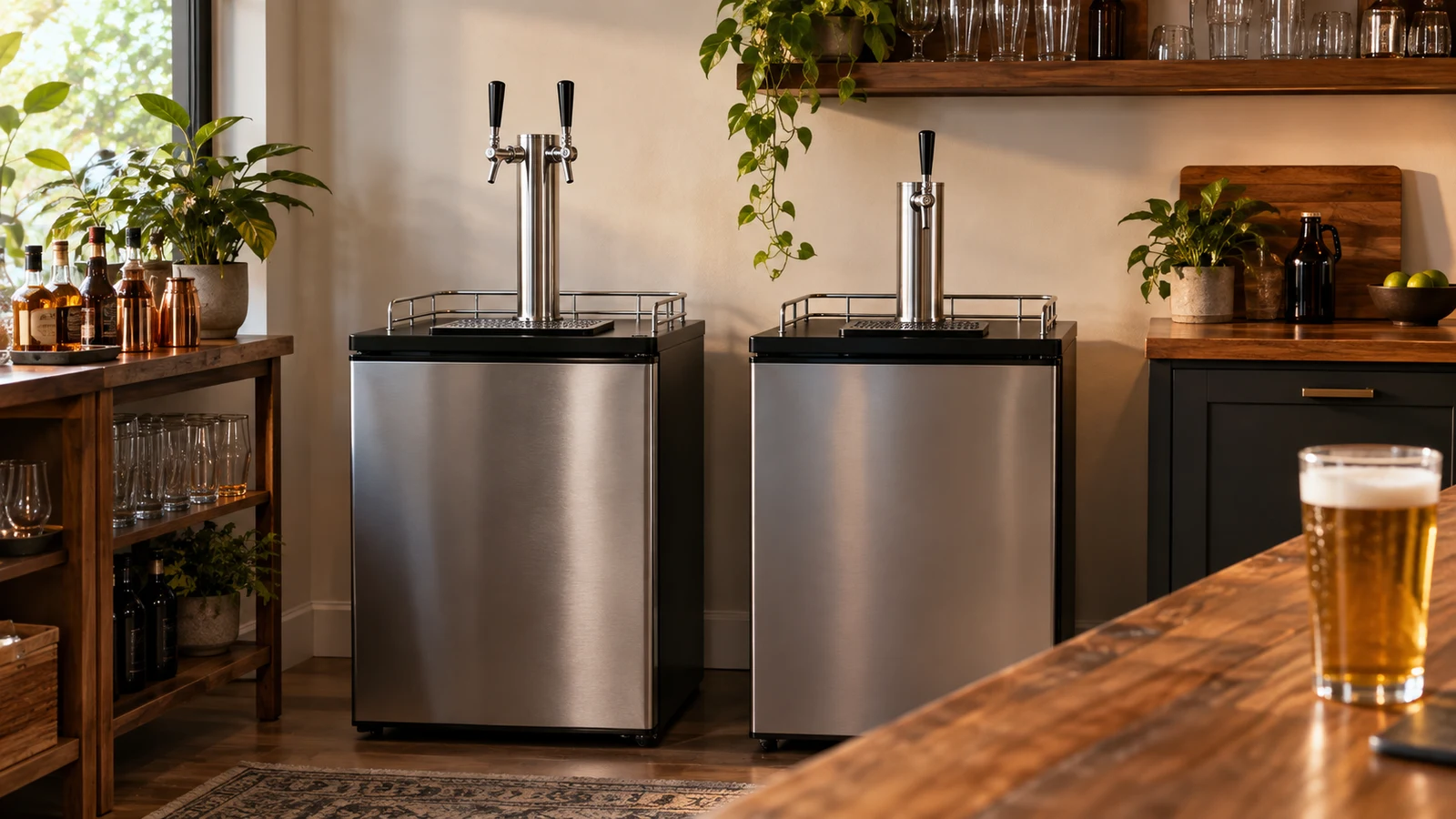 KFFKFF dual-tap keg fridge: Two stainless steel keg fridges with dual and single taps stand behind a wooden bar.