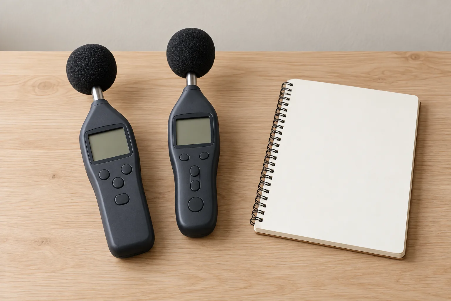 Sound level meter troubleshooting with two complete generic inactive handheld acoustic meters and a blank notebook.