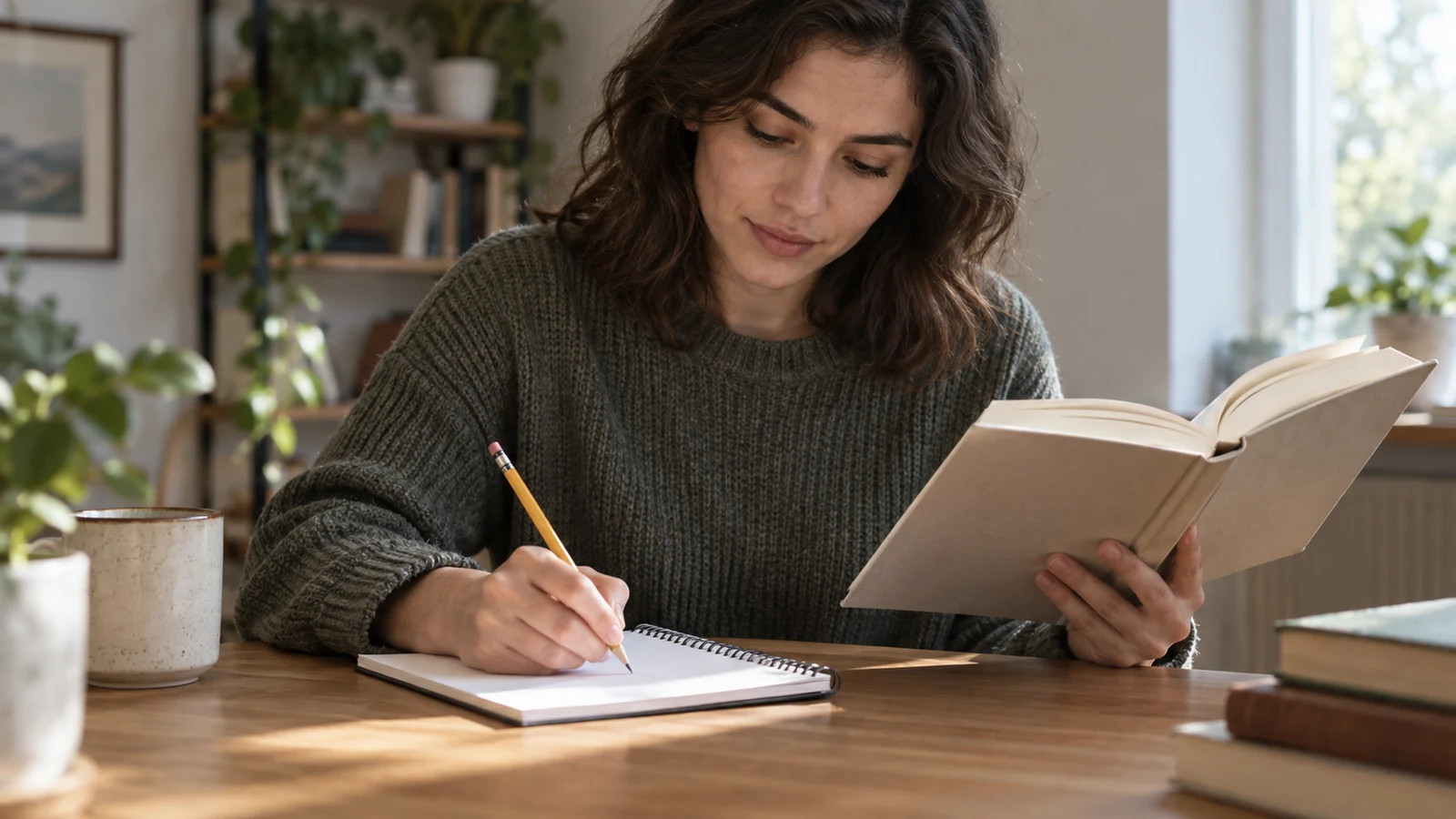 paraphrasing practice: A person holds an open book while writing with a pencil in a blank spiral notebook.