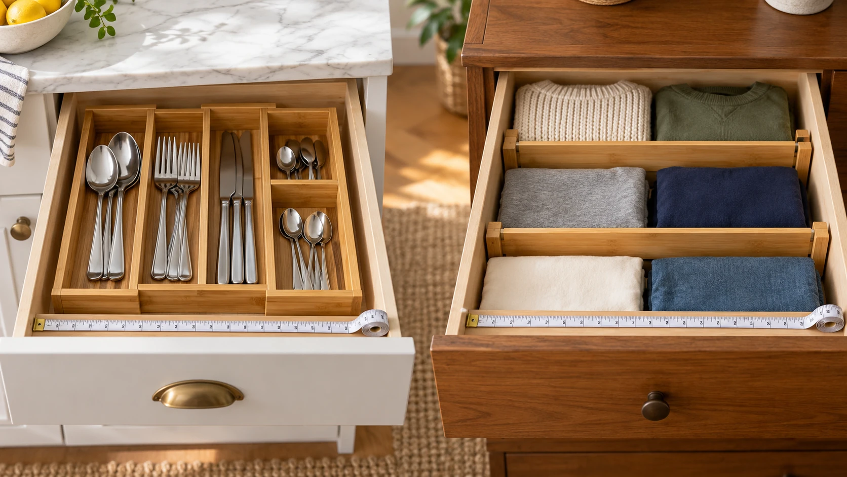 drawer organizer fit shown with a bamboo cutlery tray and bamboo clothing dividers in open drawers beside measuring tapes.
