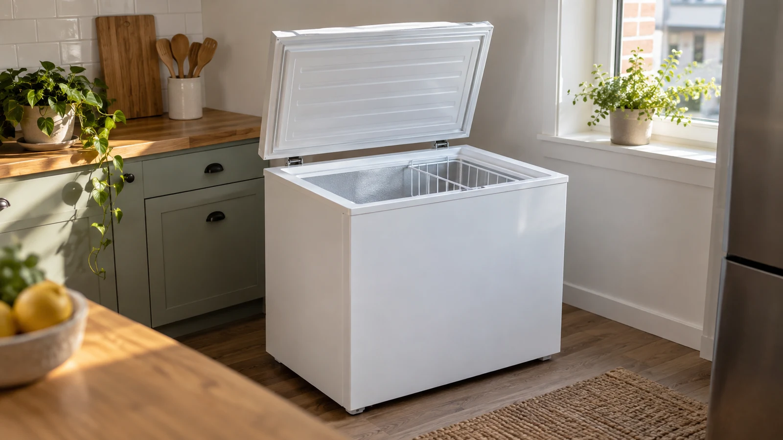 JIEJIA compact chest freezer: An unbranded white chest freezer stands open beside cabinets and a sunlit kitchen window.