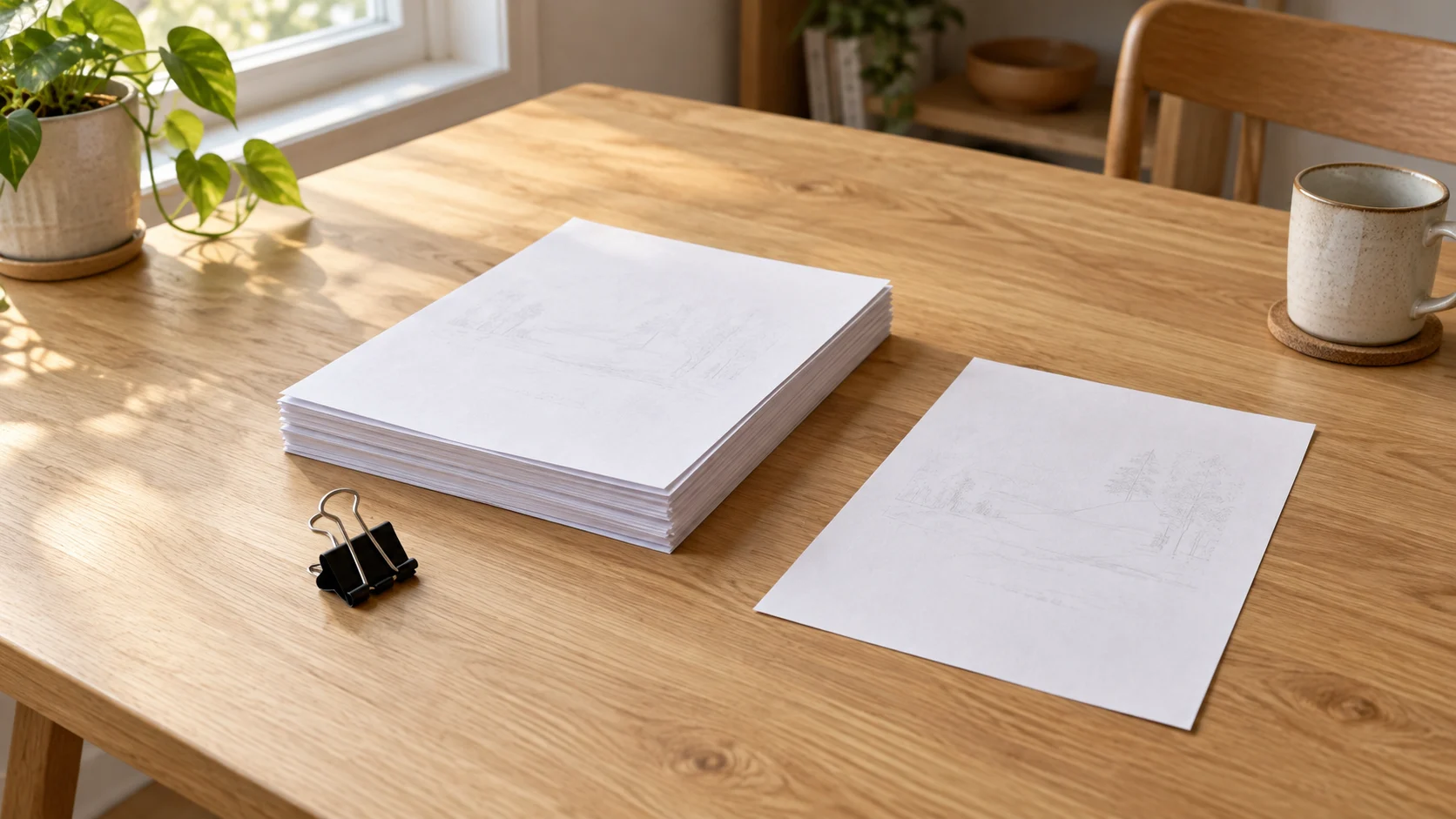Save paper on working copies concept with a whole paper packet, separate replacement sheet and generic binder clip on a home table.