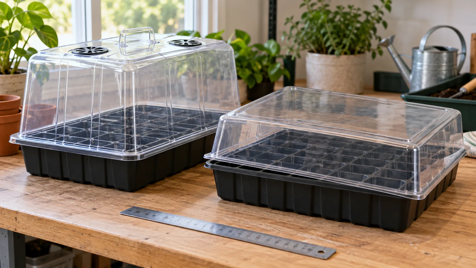 humidity dome fit check with a tall vented cover, a shallow clear cover, two seed trays, and a ruler on a workbench.