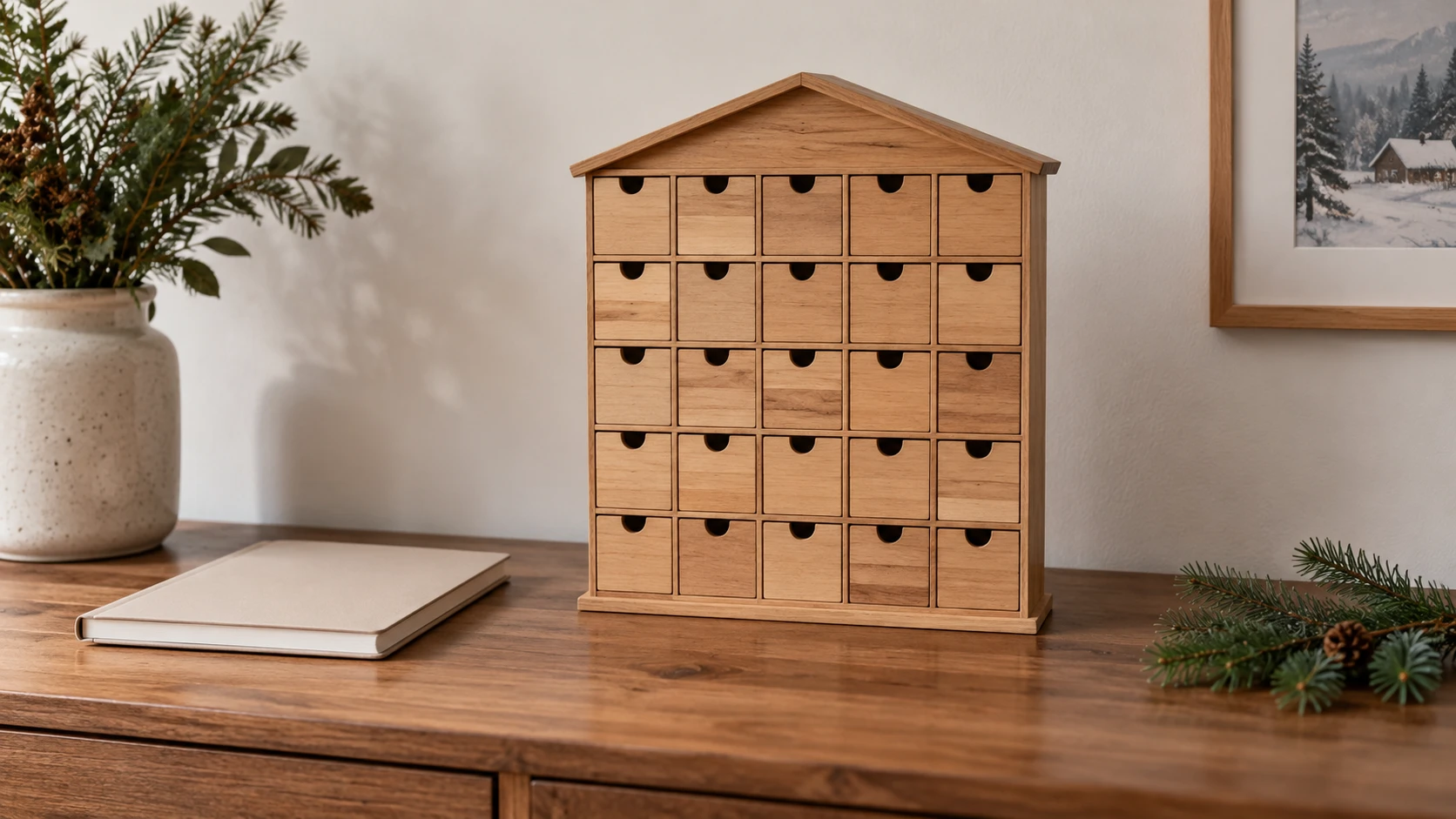 Christmas countdown dates concept with a whole generic unlit wooden drawer calendar and a separate closed notebook.