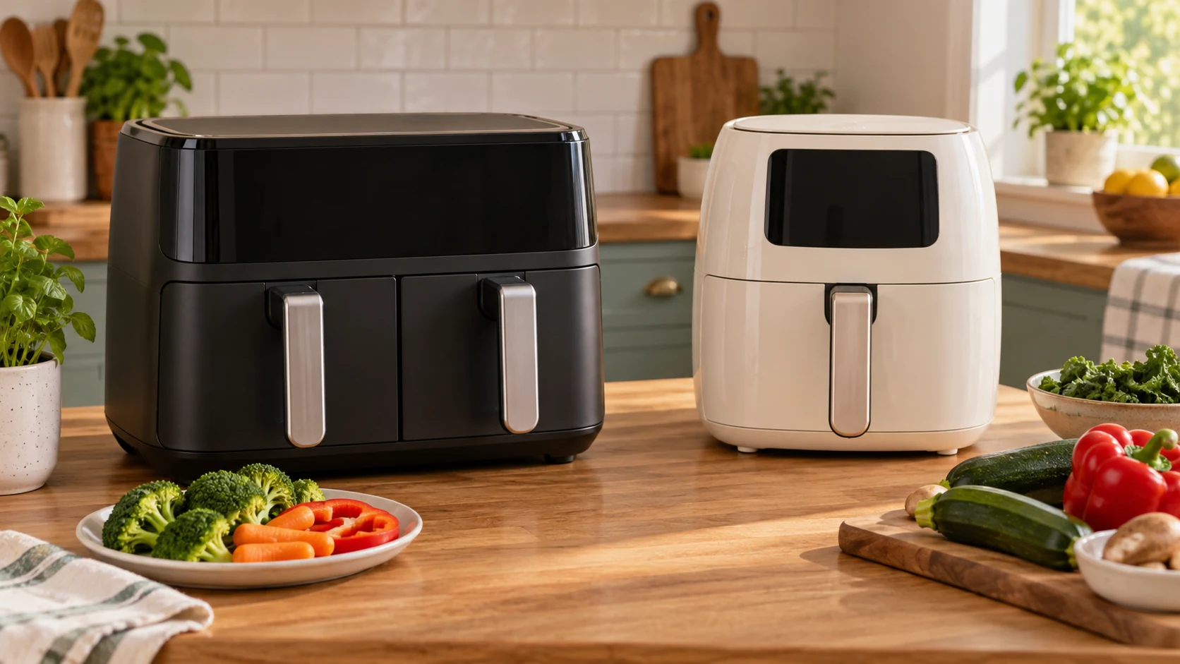 Philips 3000 vs COSORI Dual Blaze air fryer represented by generic two-drawer and single-basket appliances with vegetables; conceptual cover, not actual models or tested cooking.