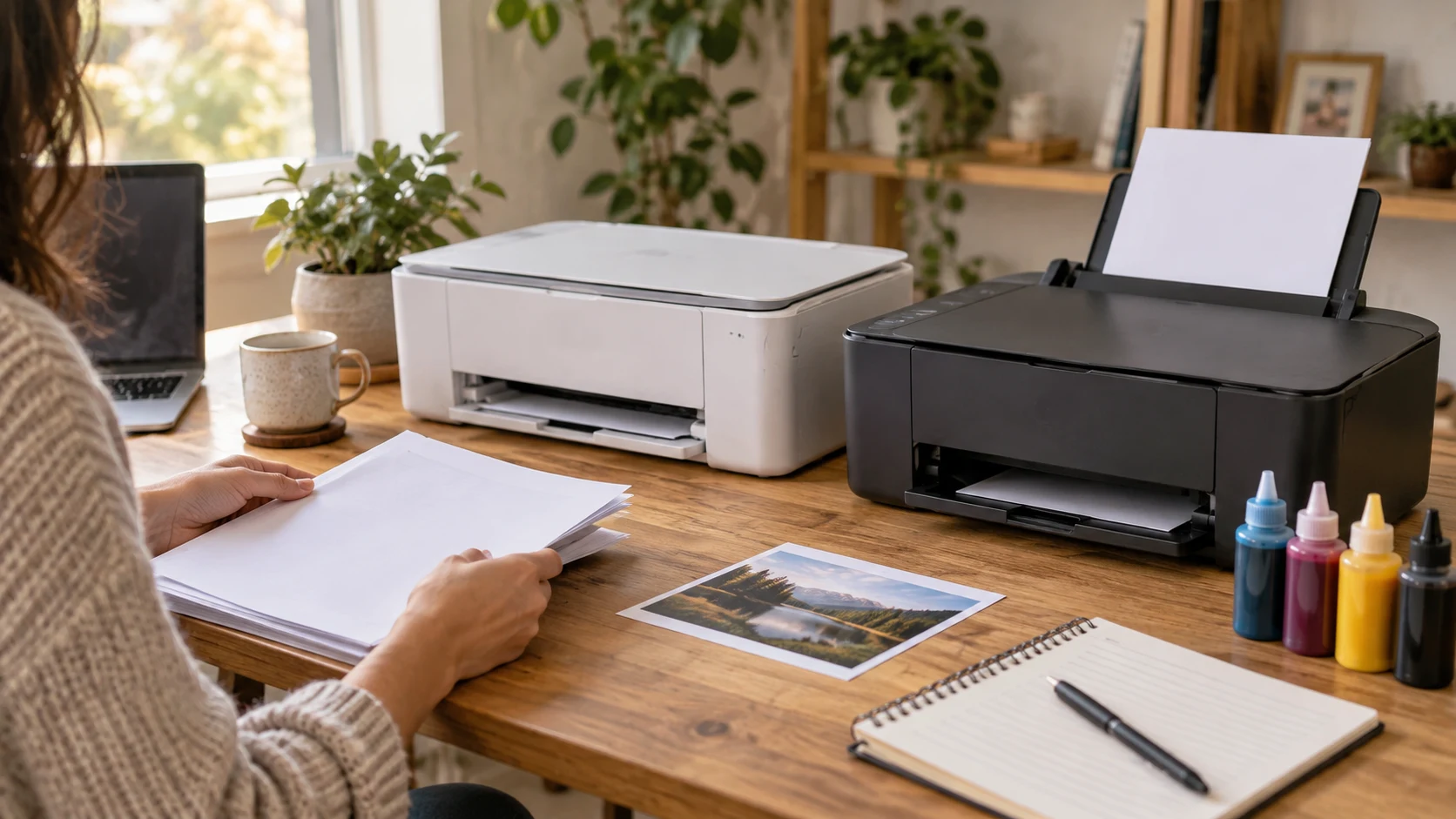 Epson ET-2720 vs HP OfficeJet Pro 6978 buying guide represented by generic white and black printers, paper tasks and unlabeled bottles; conceptual illustration, not retail models or proof of supplied functions and accessories.
