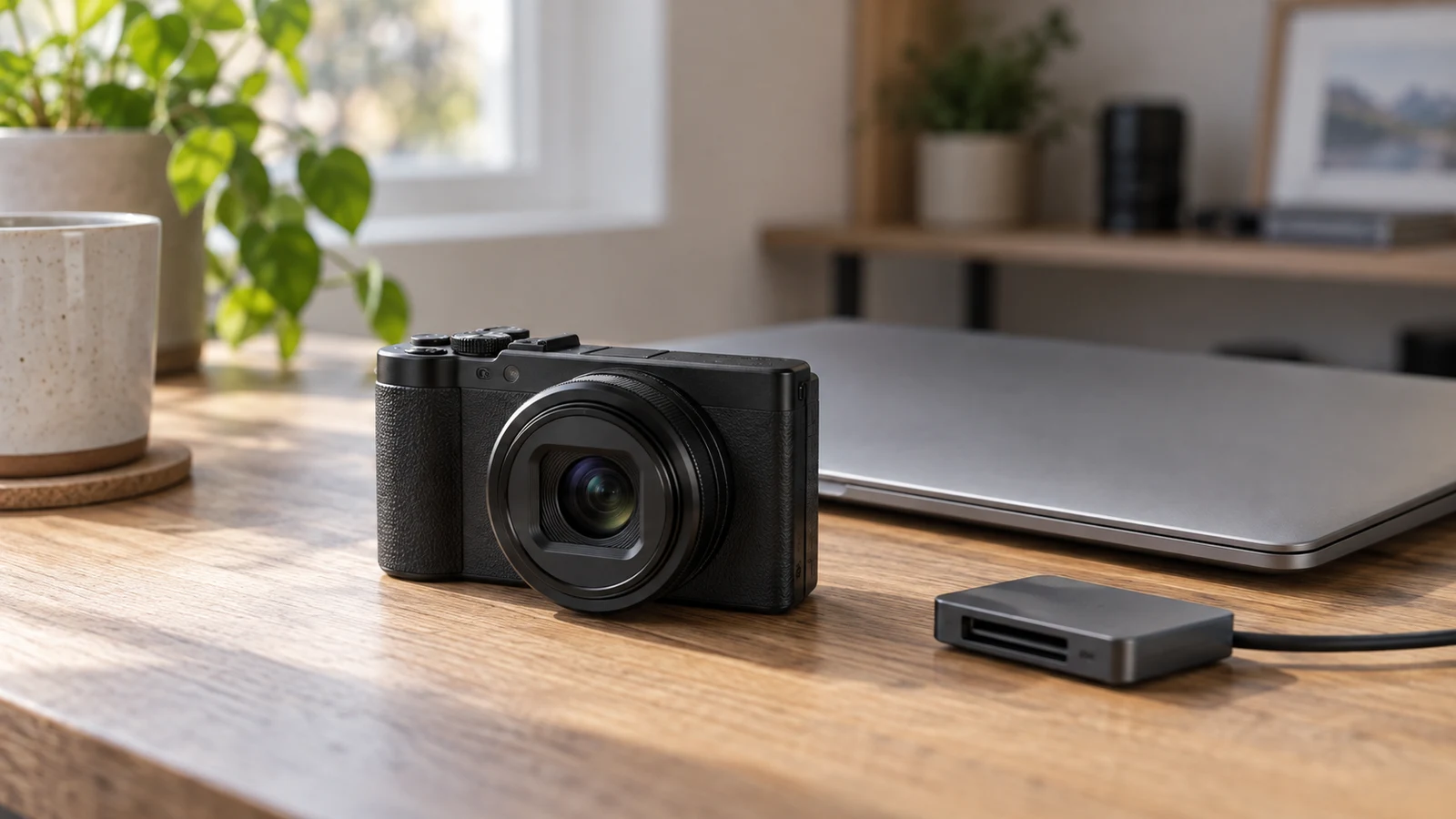 Sony ZV-1 II editing compatibility: A black compact camera sits beside a closed laptop and card reader on a wooden desk.