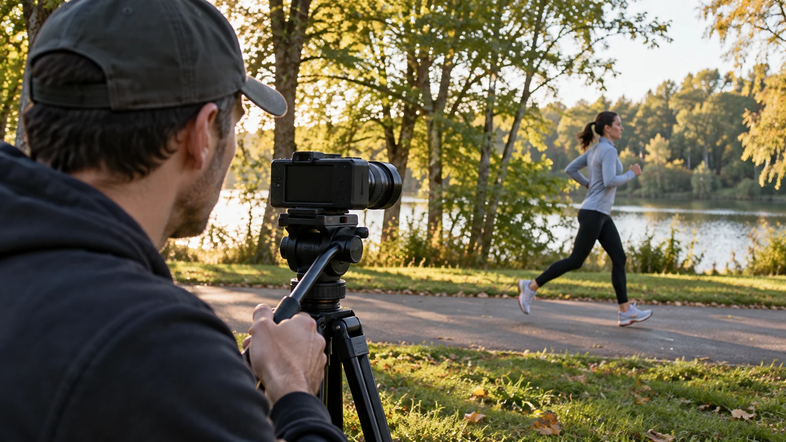 Sony ZV-1 II video pan planning: A person holds a tripod handle beside a camera as a runner crosses a lakeside path.