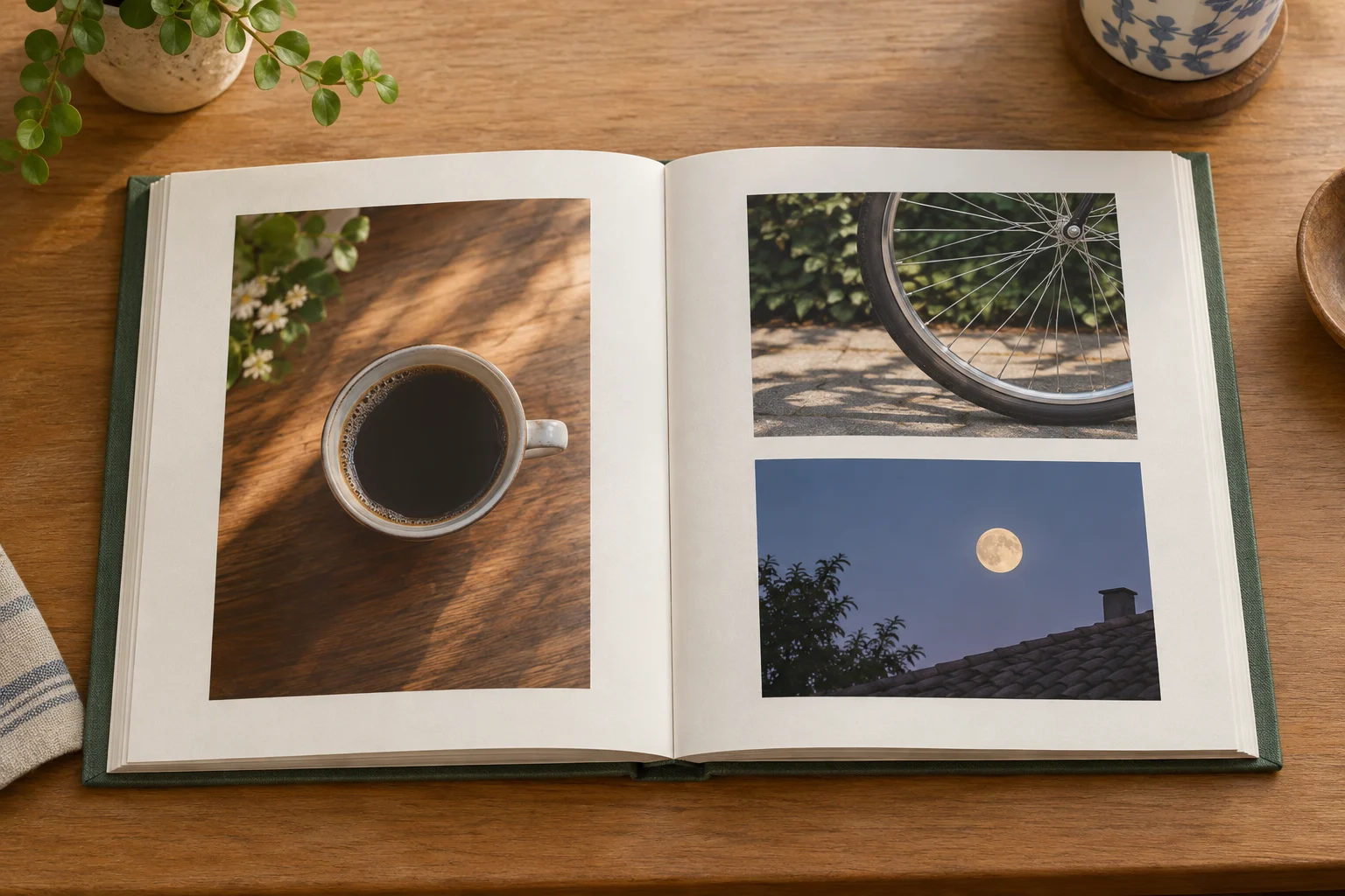 Photo album sequence concept with a whole generic open album and invented cup, bicycle-wheel and moon photographs sharing a round shape.