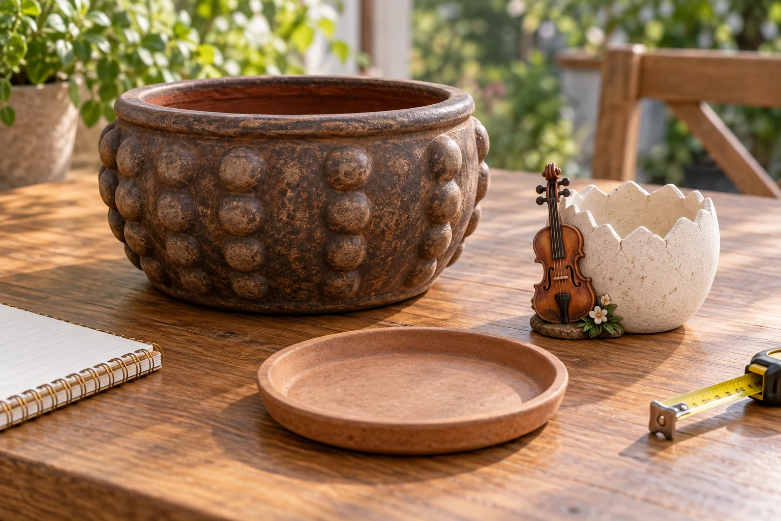 Planter drainage hole guide with an aged beaded ceramic planter and a small violin-shaped resin pot set beside a separate saucer.