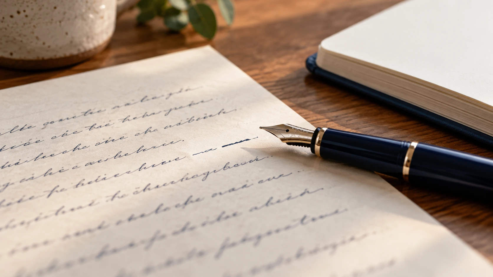 Fountain pen skipping illustrated by a pen beside an interrupted handwritten line and a blank notebook.