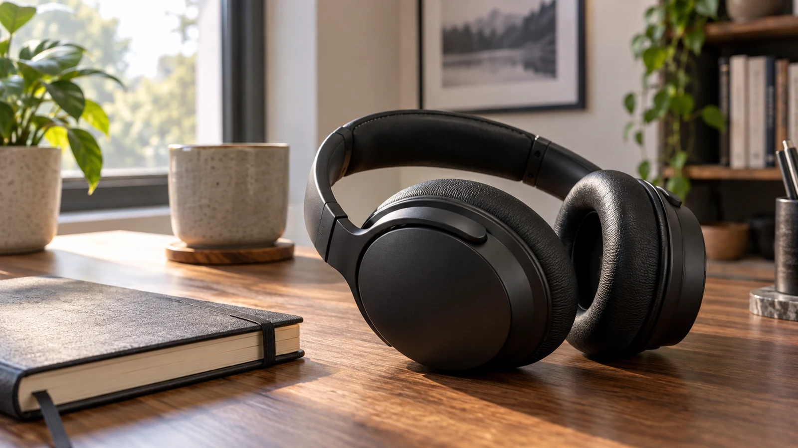 Edifier STAX Spirit S3 headphones: Black over-ear headphones rest beside a notebook and ceramic cup on a wooden desk.