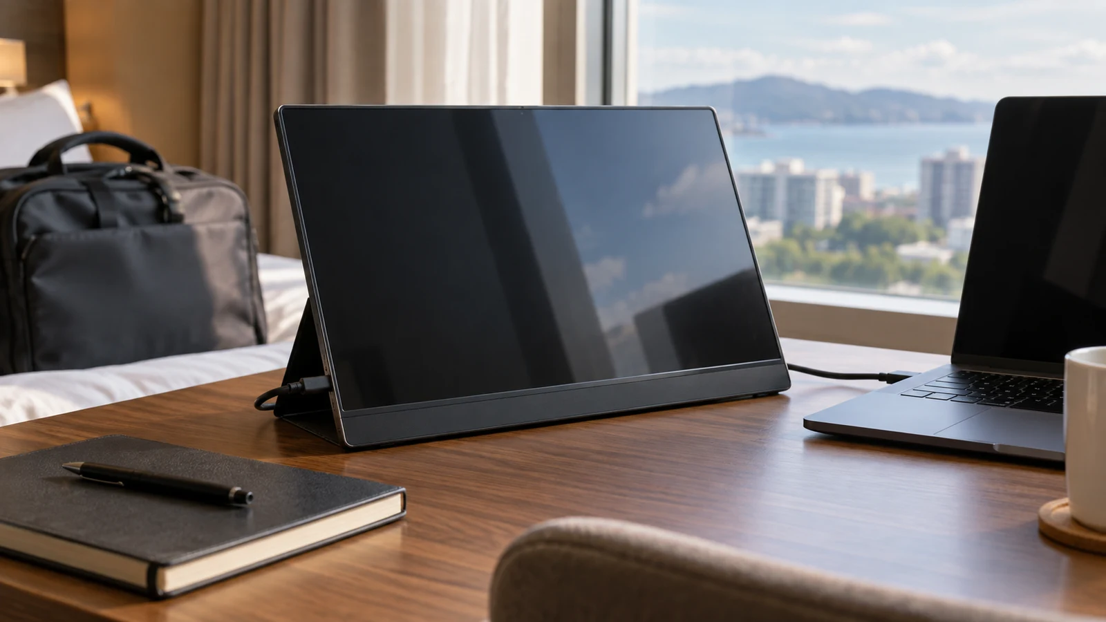 ASUS ZenScreen portable monitor: An unbranded monitor stands beside a laptop and notebook on a wooden desk.
