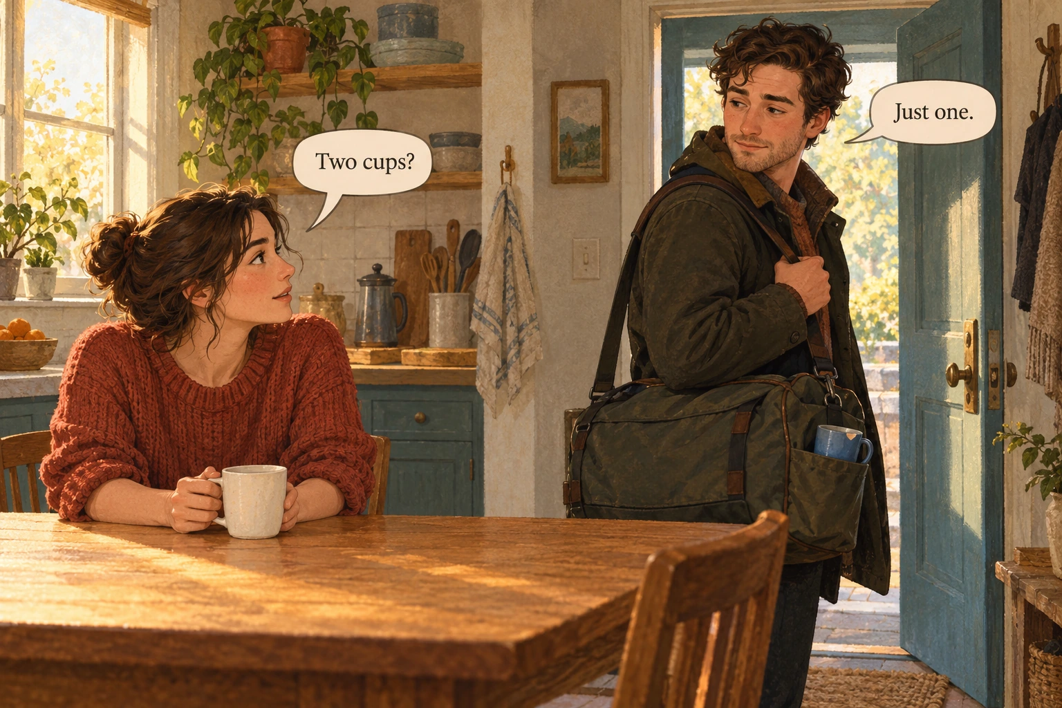 Dialogue subtext at a kitchen table with a cup, a second packed cup and a bag by the door, leaving feelings open while the spoken question remains clear.
