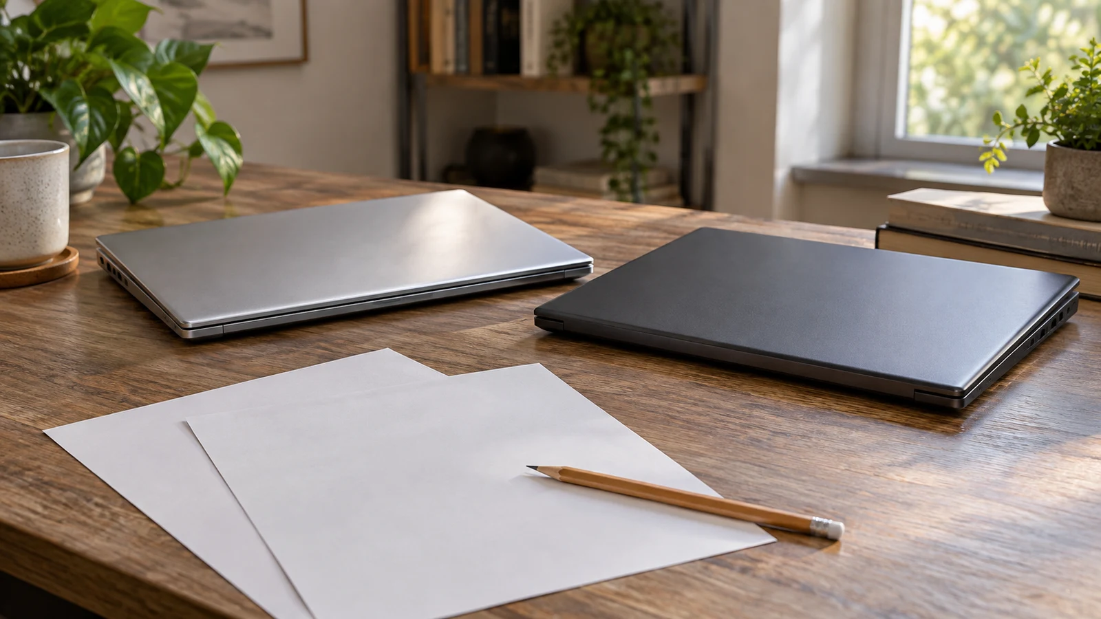 Dell Inspiron PDF comparison: Two closed unbranded laptops sit beside blank paper and a pencil on a wooden desk.