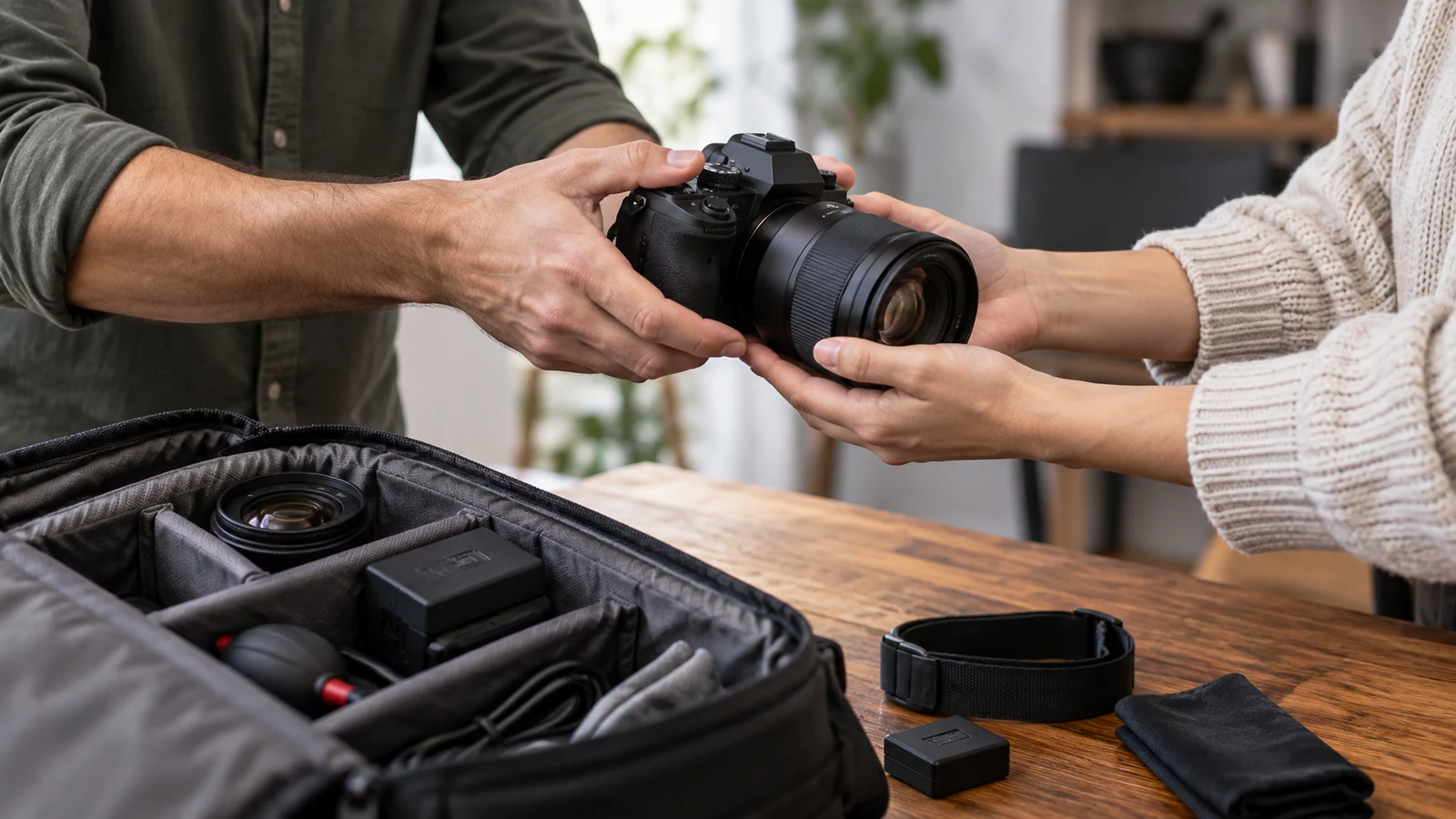 camera kit handover: Two people hold a camera beside an open equipment bag on a wooden table.