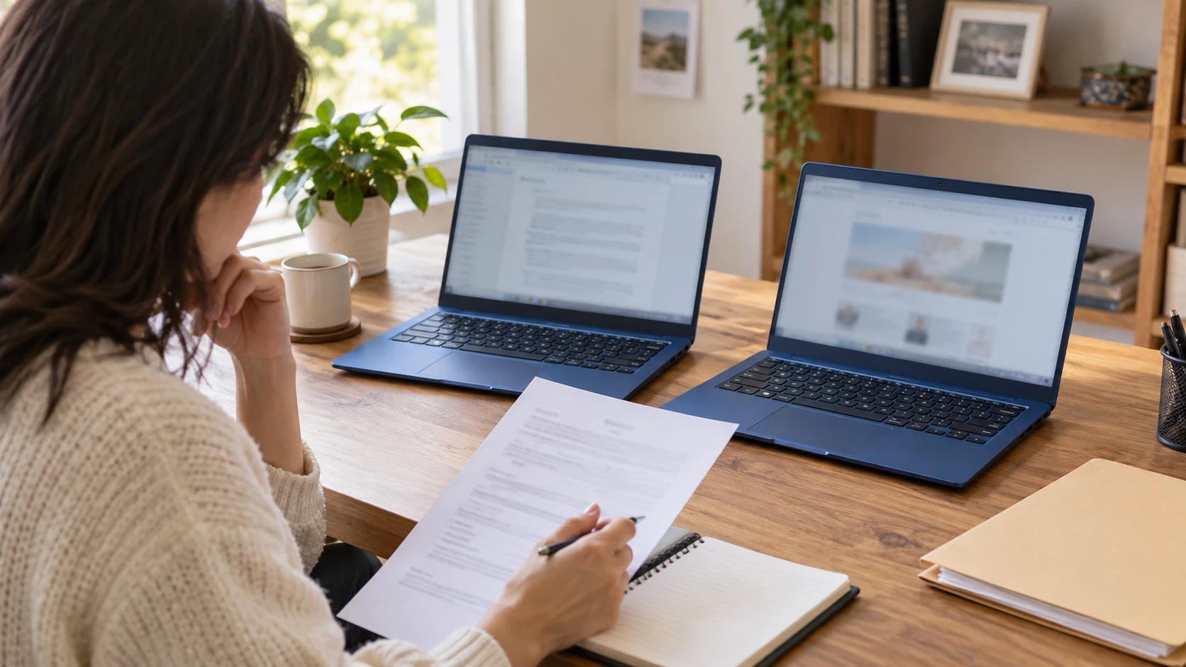 HP 14 N150 vs ASUS Vivobook 14 X1404VA buying guide illustrated by a buyer reviewing requirements beside two generic blue laptops, paperwork and a notebook; a conceptual scene, not the actual retail models.