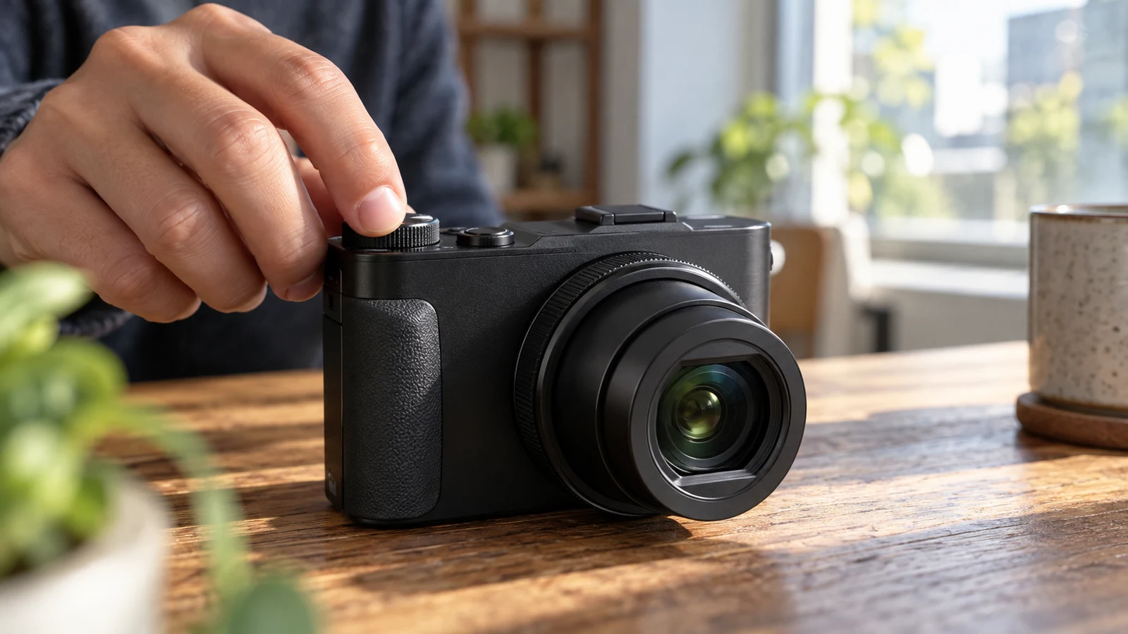 Sony ZV-1 II histogram checks: A hand touches the top dial of an unbranded black camera on a wooden table.