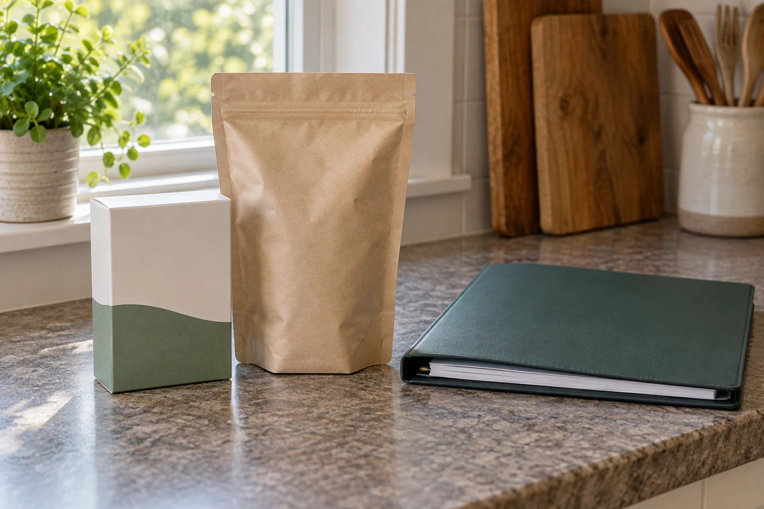 Septic additive savings illustrated by two unopened generic treatment packages beside a blank maintenance folder, separating a proposed order from care planning.
