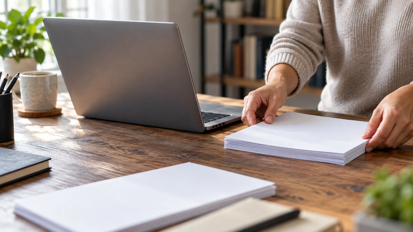 Dell Inspiron PDF merging checks: Hands align blank paper beside an unbranded laptop on a wooden desk.