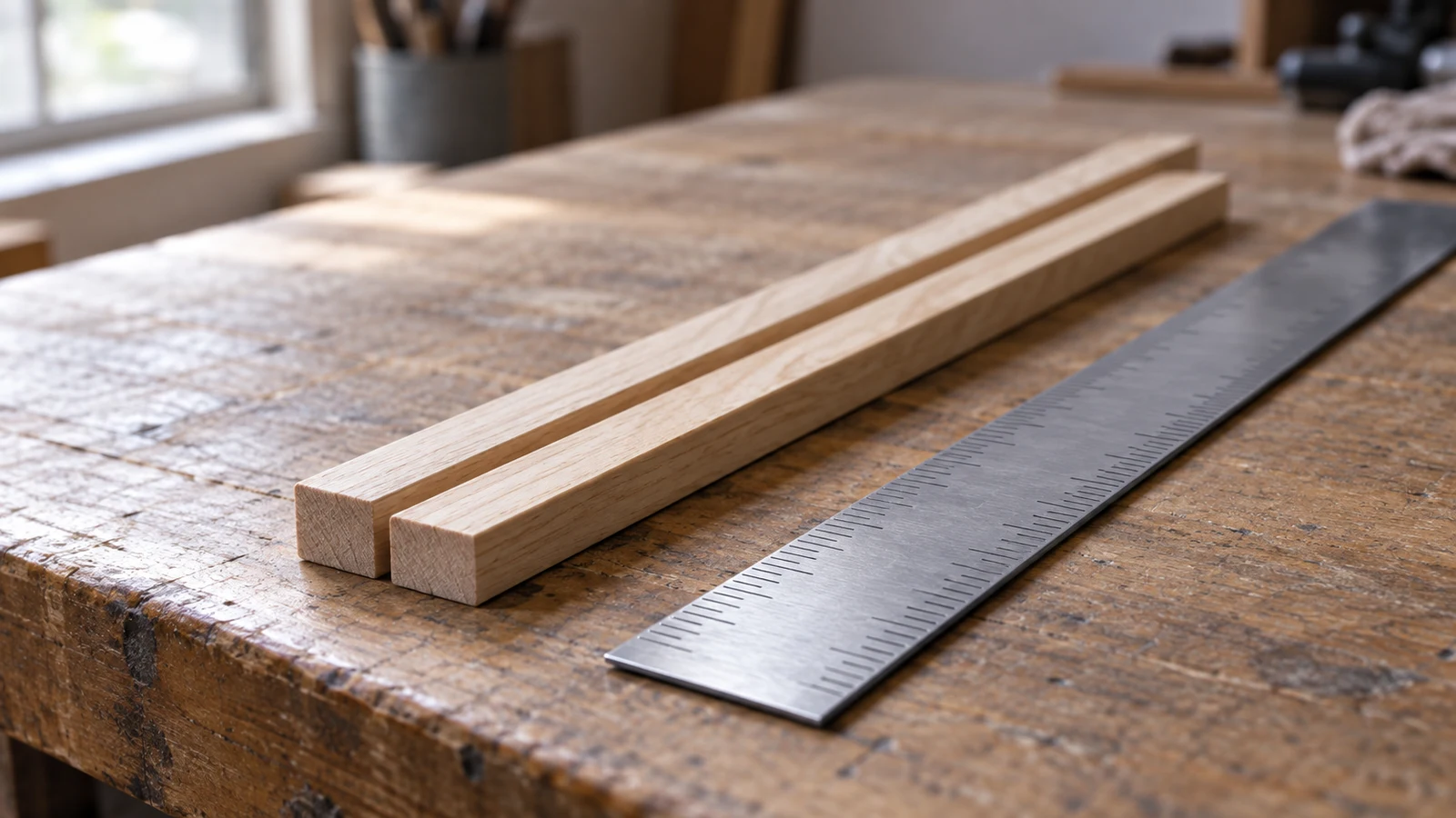 interpret rounded measurements: Two wooden strips lie beside a metal ruler on a worn workbench.