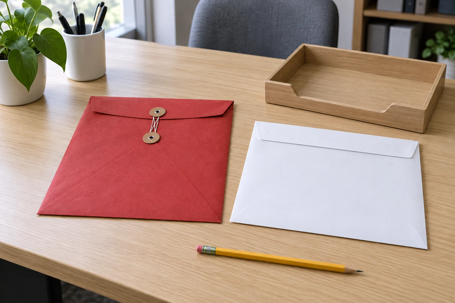 Reusable interoffice envelopes concept with a whole red string-and-button envelope, white booklet envelope and empty return tray on an office desk.