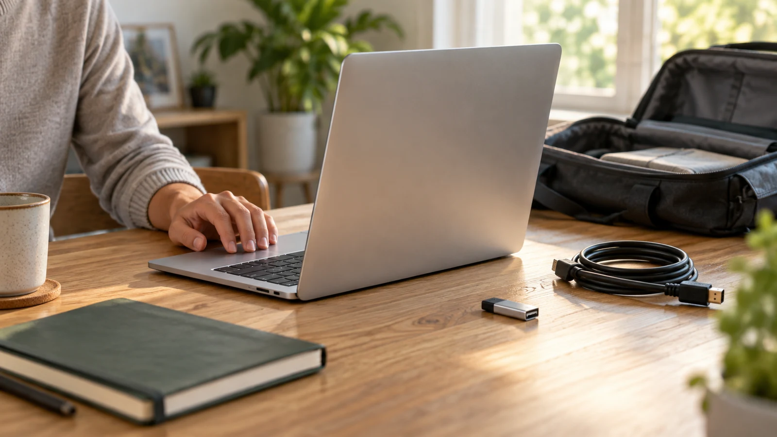 Dell Inspiron offline presentation checks: A hand rests on a silver laptop beside a coiled cable and notebook.
