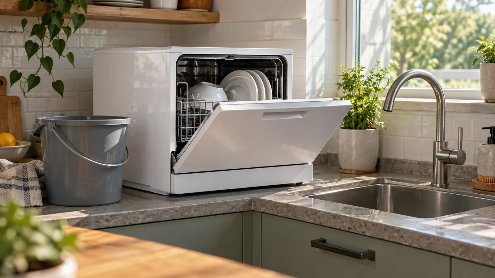 RIEDHOFF countertop dishwasher: An open white dishwasher holds plates beside a gray bucket and a kitchen sink.
