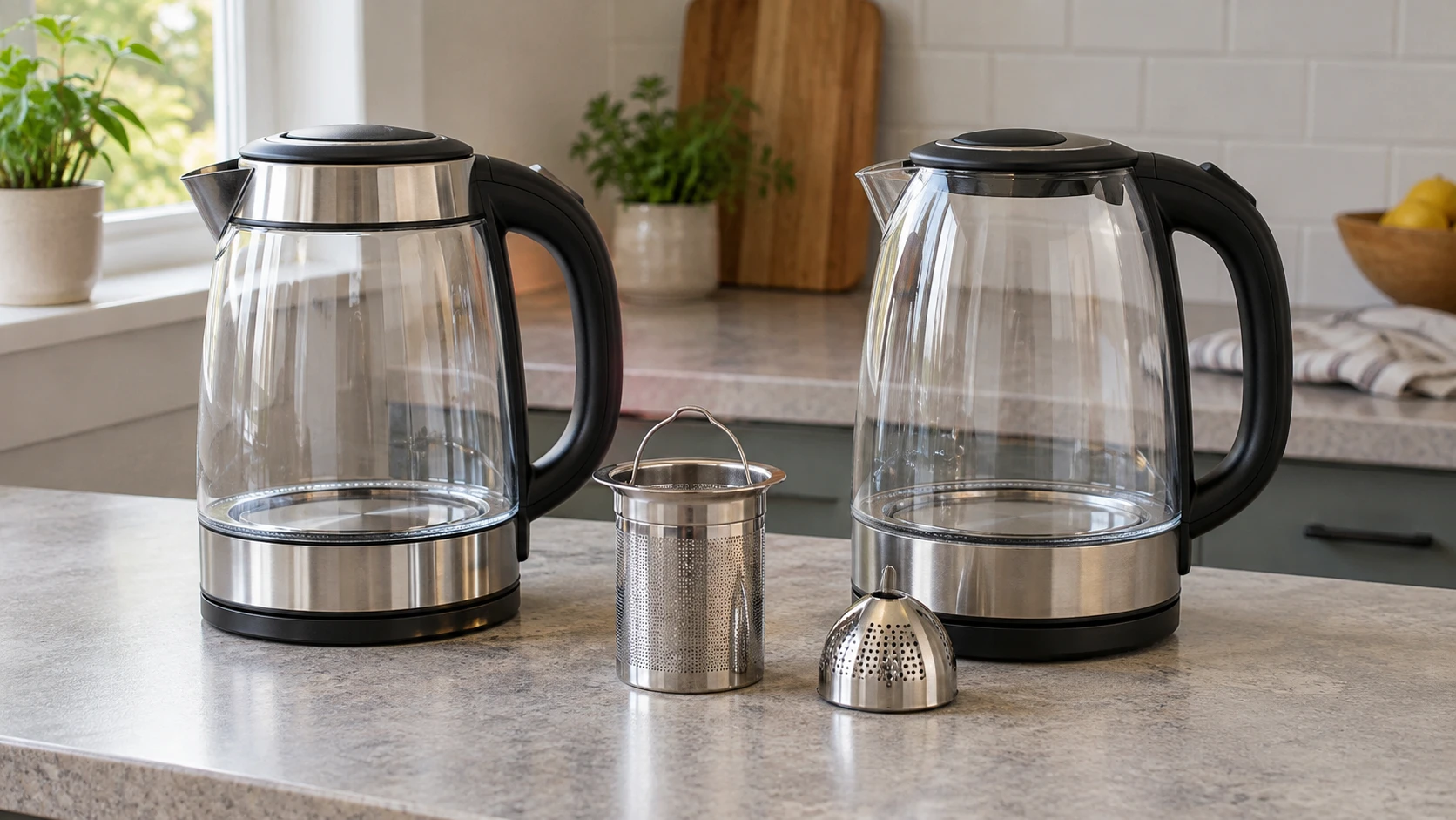 Electric kettle steepers and pouring filters illustrated by two complete generic empty glass kettles on bases beside separate metal preparation and pouring components; not exact retail models, supplied packages or an approved brewing setup.