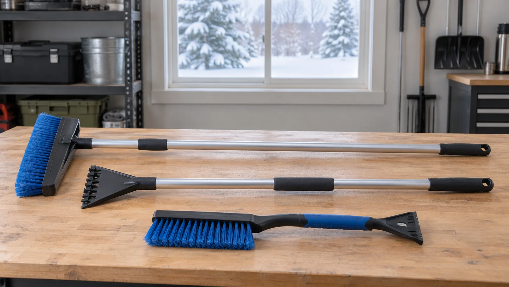 Winter car snow removal illustrated by three whole generic inactive snow brushes and scraper tools on a garage workbench.