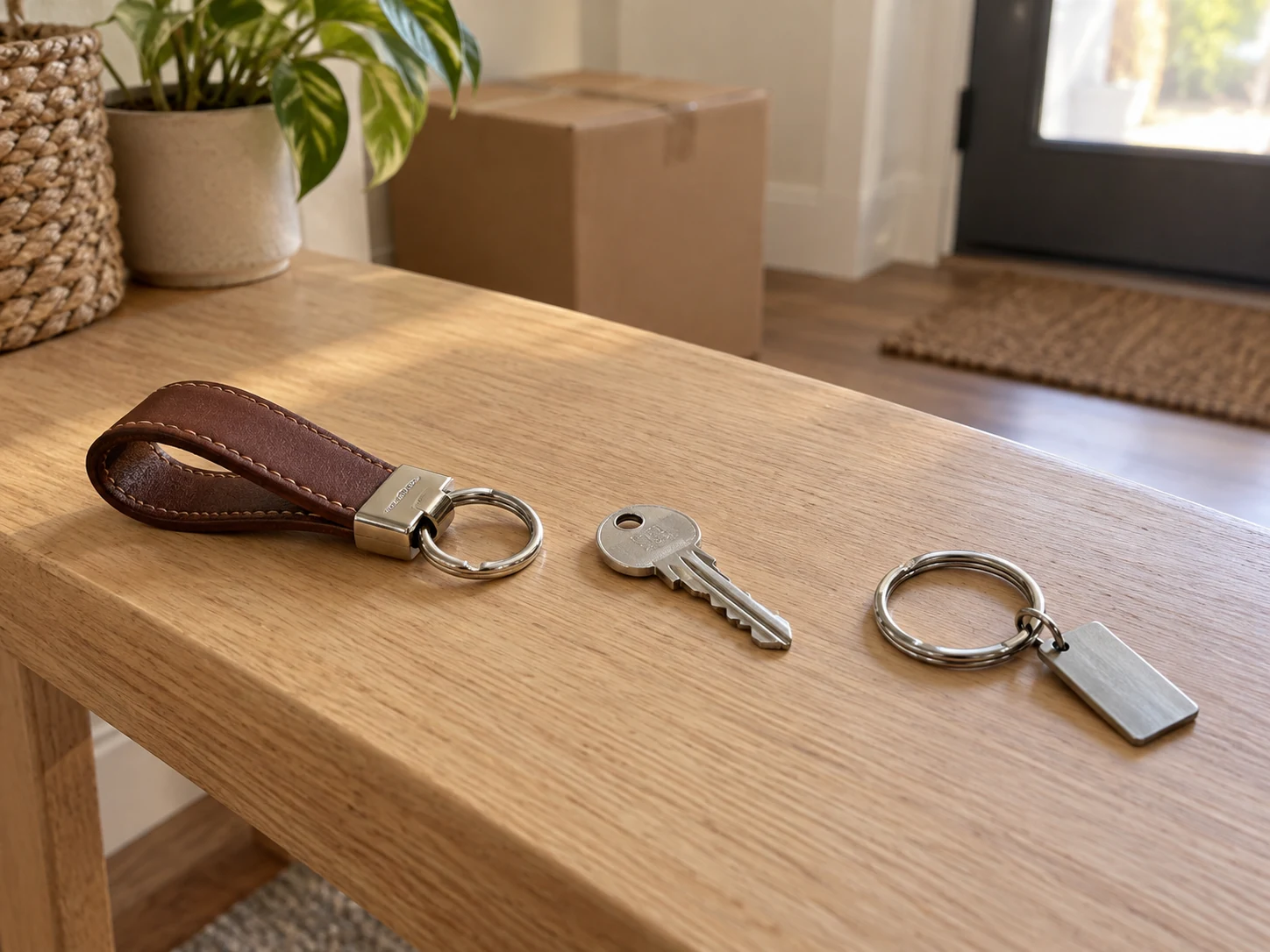 Carrying a new house key concept with a complete generic leather loop, a separate whole key and a metal ring with blank charm on an entry bench.
