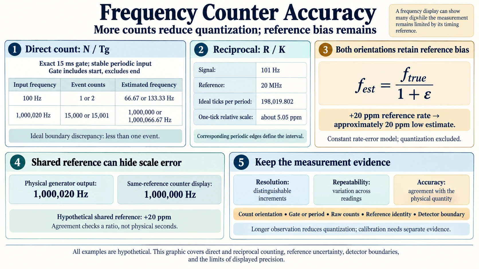 Frequency counter accuracy compares gate time and reciprocal counting, integer-count resolution, reference-rate bias, shared-reference agreement and the evidence needed for calibration.