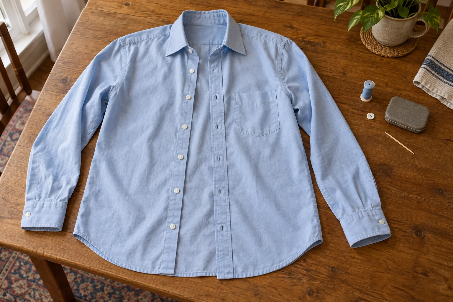 Sew a two-hole button concept with a whole generic pale-blue shirt, a loose two-hole button, matching thread spool, closed needle case and toothpick.