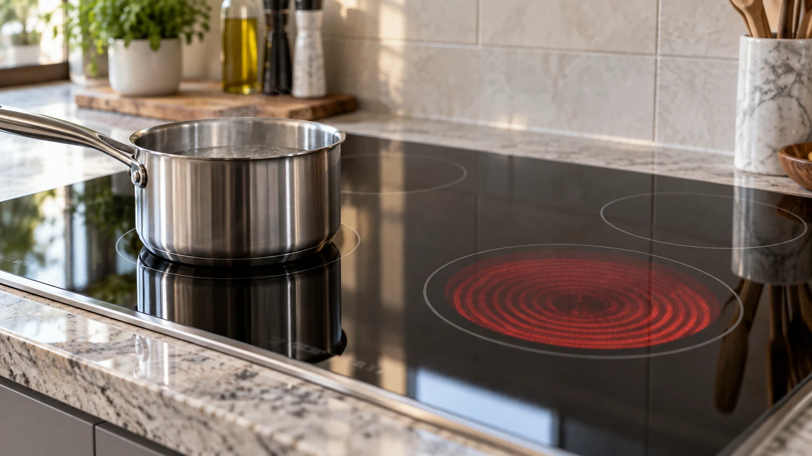 Frigidaire cooktop heat cycling checks: A stainless steel saucepan sits on a black glass cooktop beside a glowing red heating ring.
