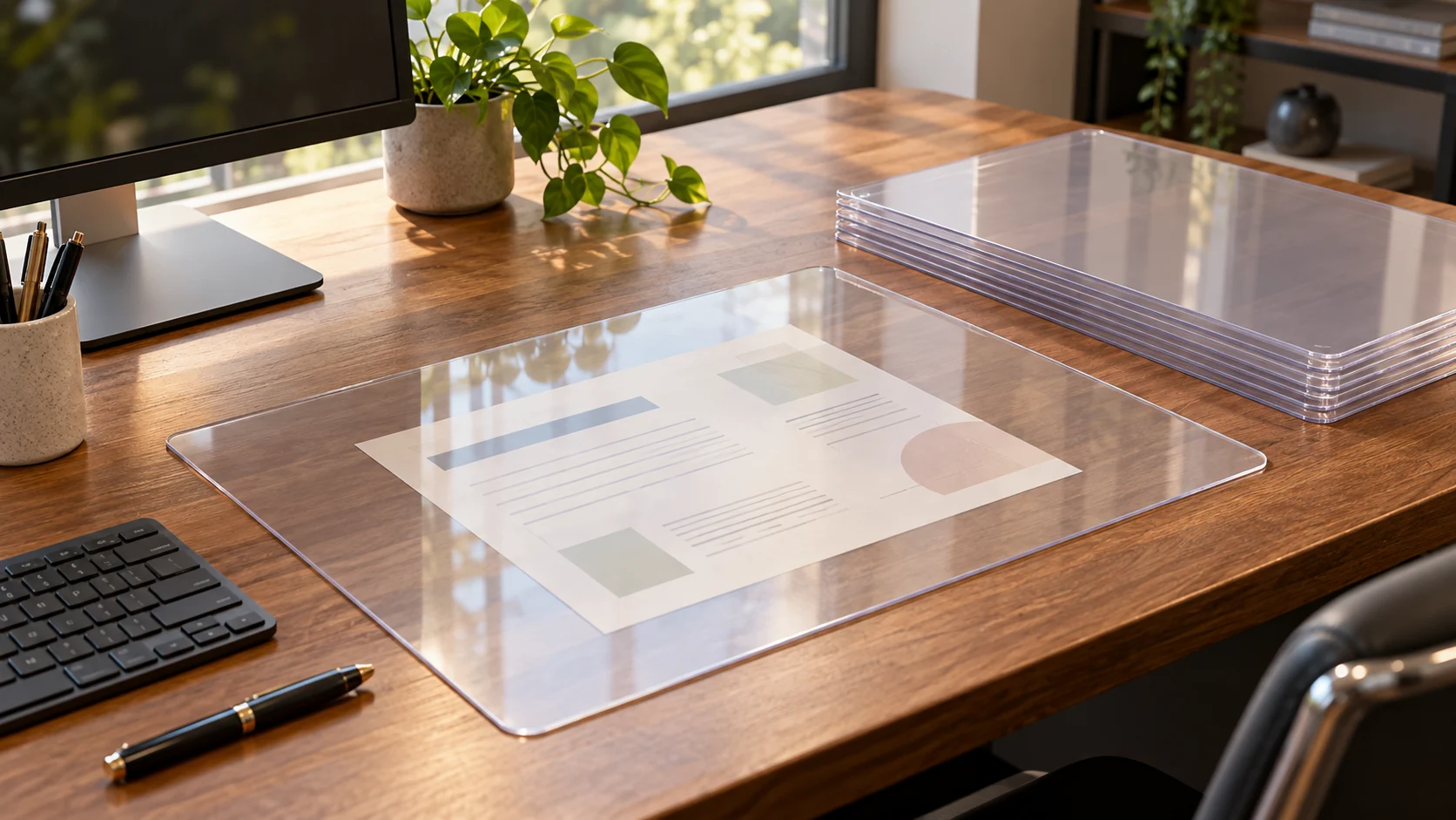 clear desk pad setup plan: one transparent pad laid over a reference sheet on a desk, with several unused clear pads stacked for other workstations.